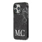 Personalised Monogram Black Marble iPhone 14 Pro Max Black Impact Case Side Angle on Silver phone