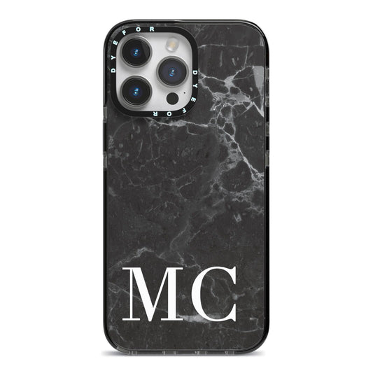 Personalised Monogram Black Marble iPhone 14 Pro Max Black Impact Case on Silver phone