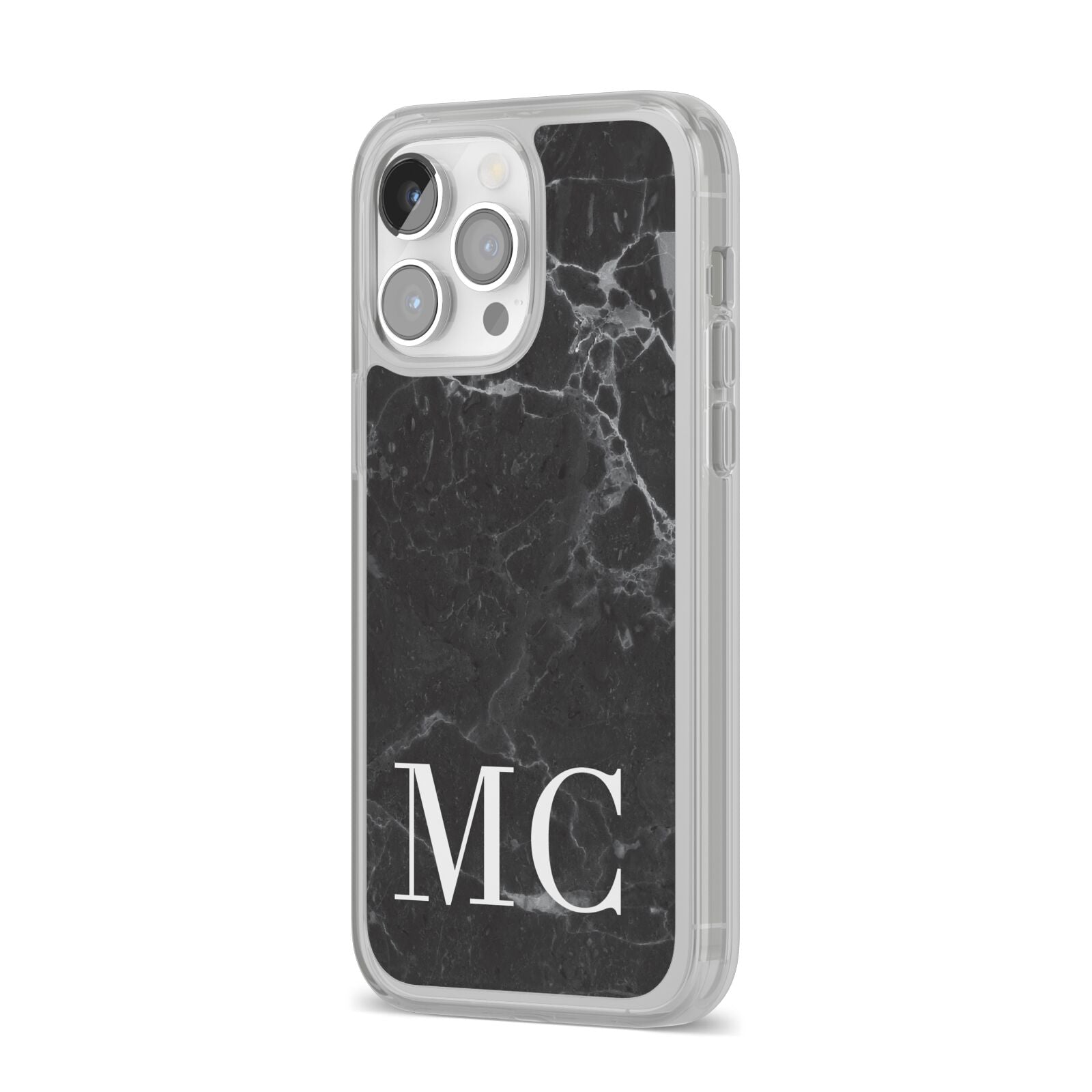 Personalised Monogram Black Marble iPhone 14 Pro Max Clear Tough Case Silver Angled Image