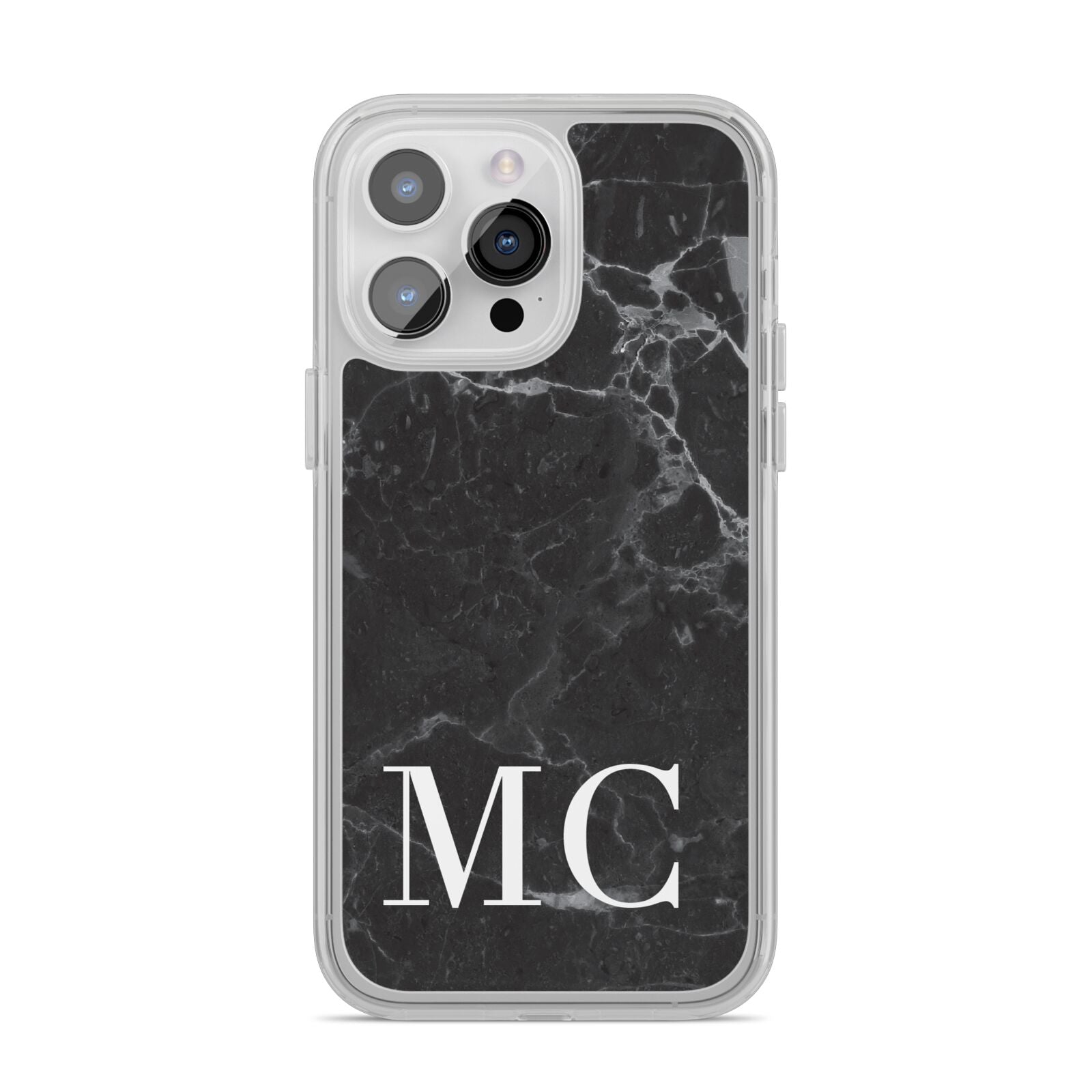 Personalised Monogram Black Marble iPhone 14 Pro Max Clear Tough Case Silver