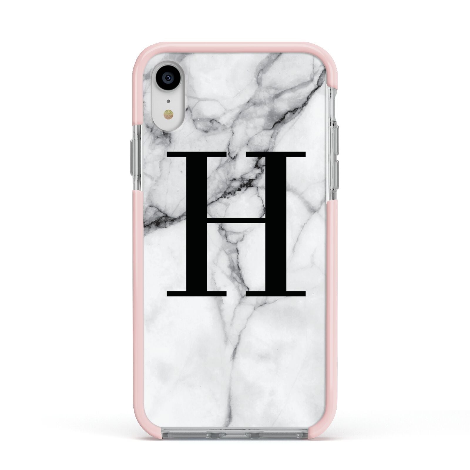 Personalised Monogram Marble Initial Apple iPhone XR Impact Case Pink Edge on Silver Phone