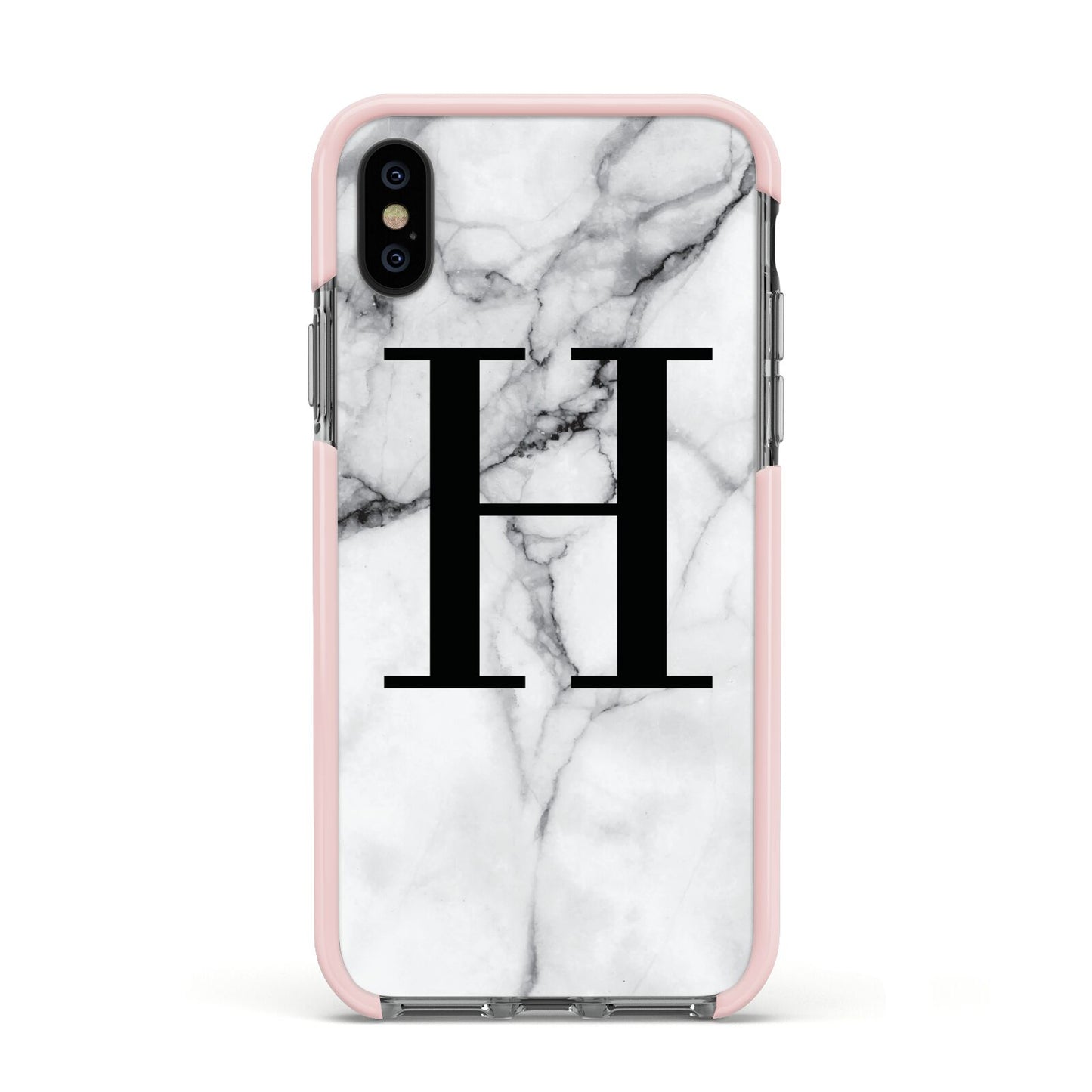 Personalised Monogram Marble Initial Apple iPhone Xs Impact Case Pink Edge on Black Phone