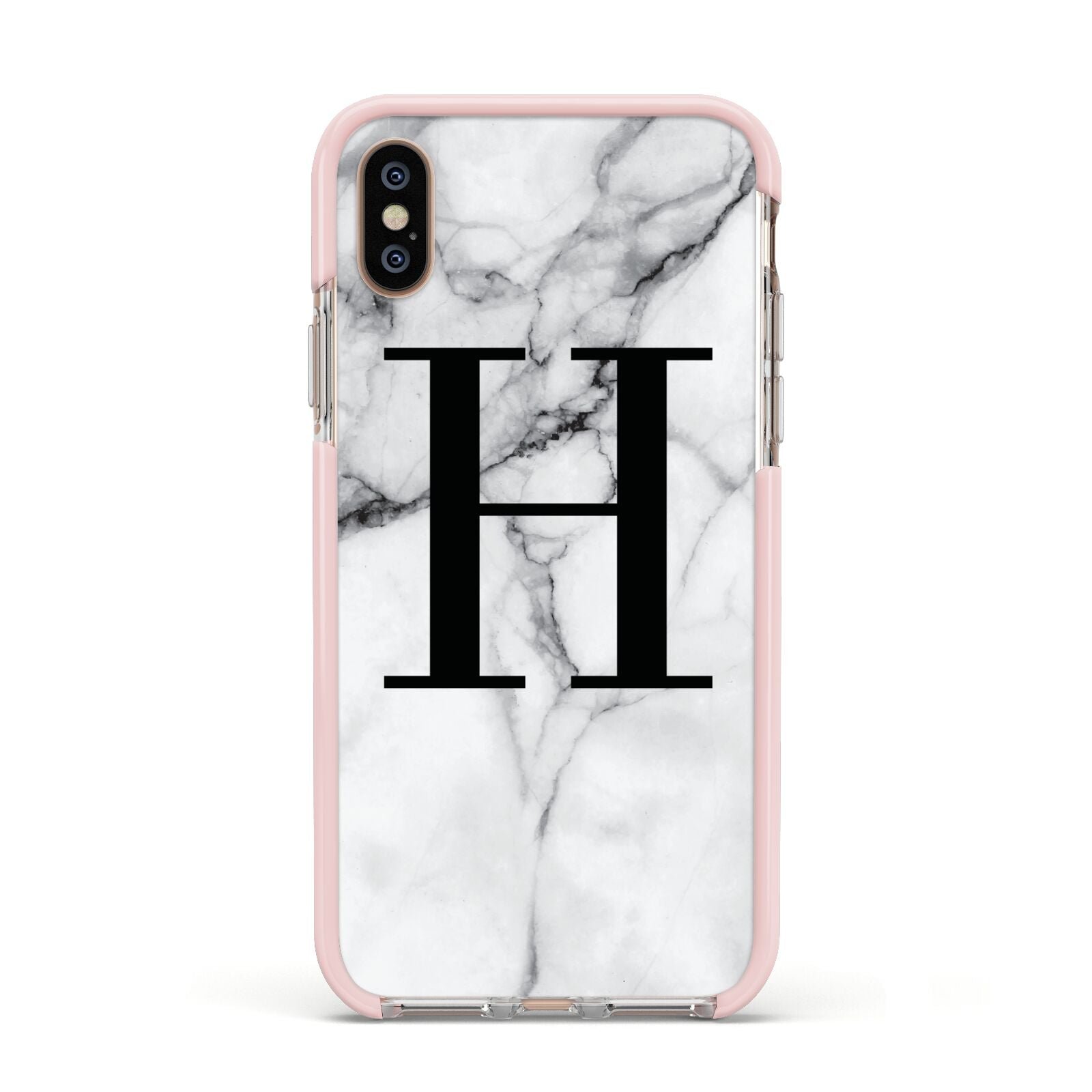 Personalised Monogram Marble Initial Apple iPhone Xs Impact Case Pink Edge on Gold Phone
