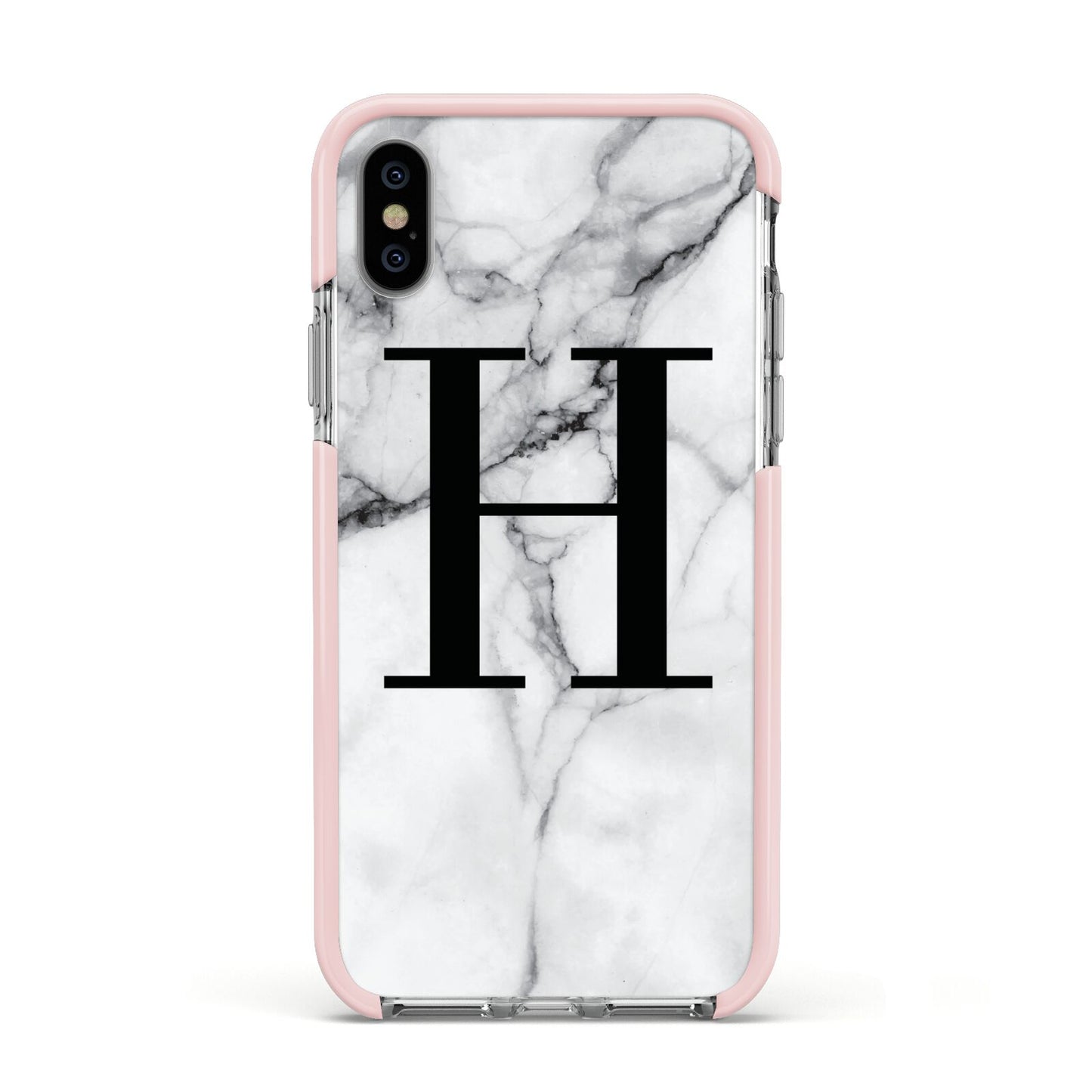 Personalised Monogram Marble Initial Apple iPhone Xs Impact Case Pink Edge on Silver Phone