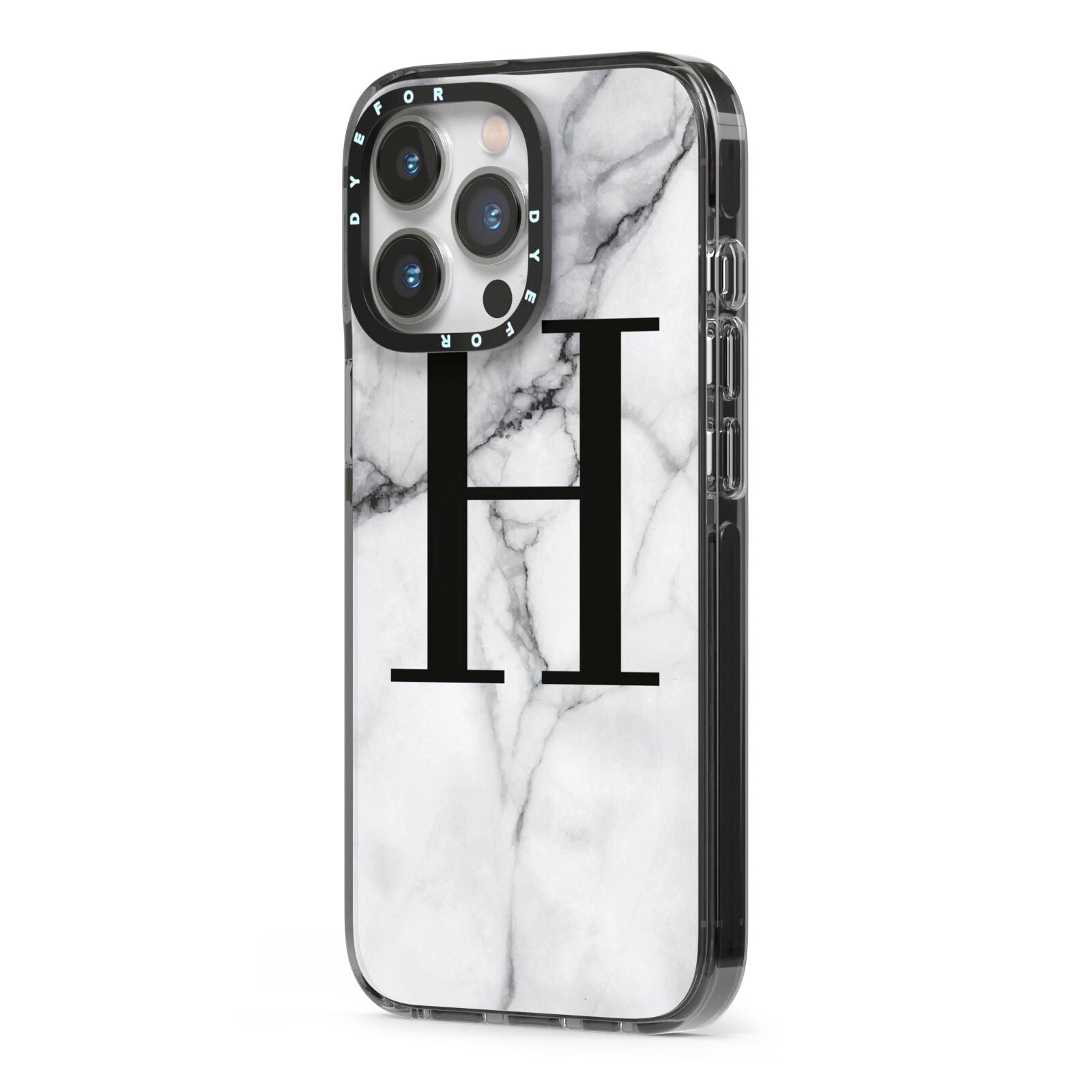 Personalised Monogram Marble Initial iPhone 13 Pro Black Impact Case Side Angle on Silver phone