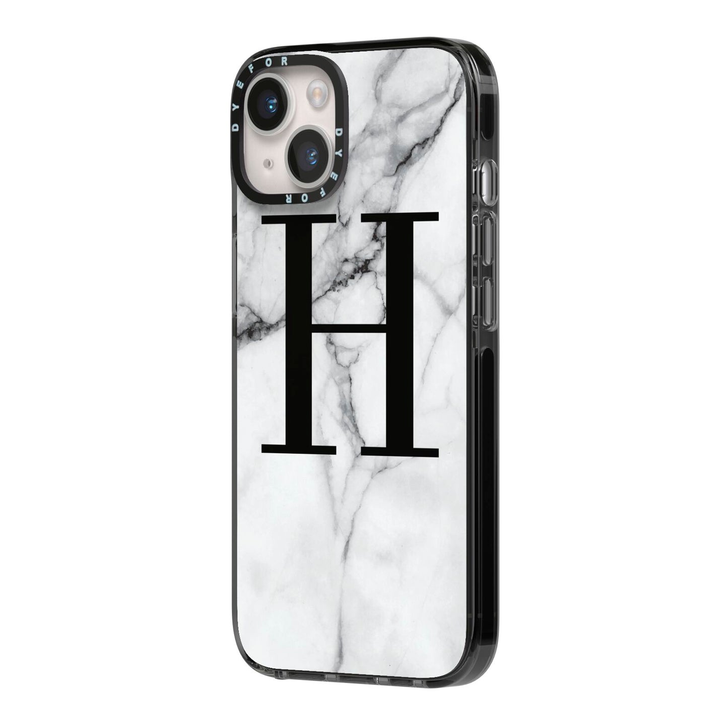 Personalised Monogram Marble Initial iPhone 14 Black Impact Case Side Angle on Silver phone