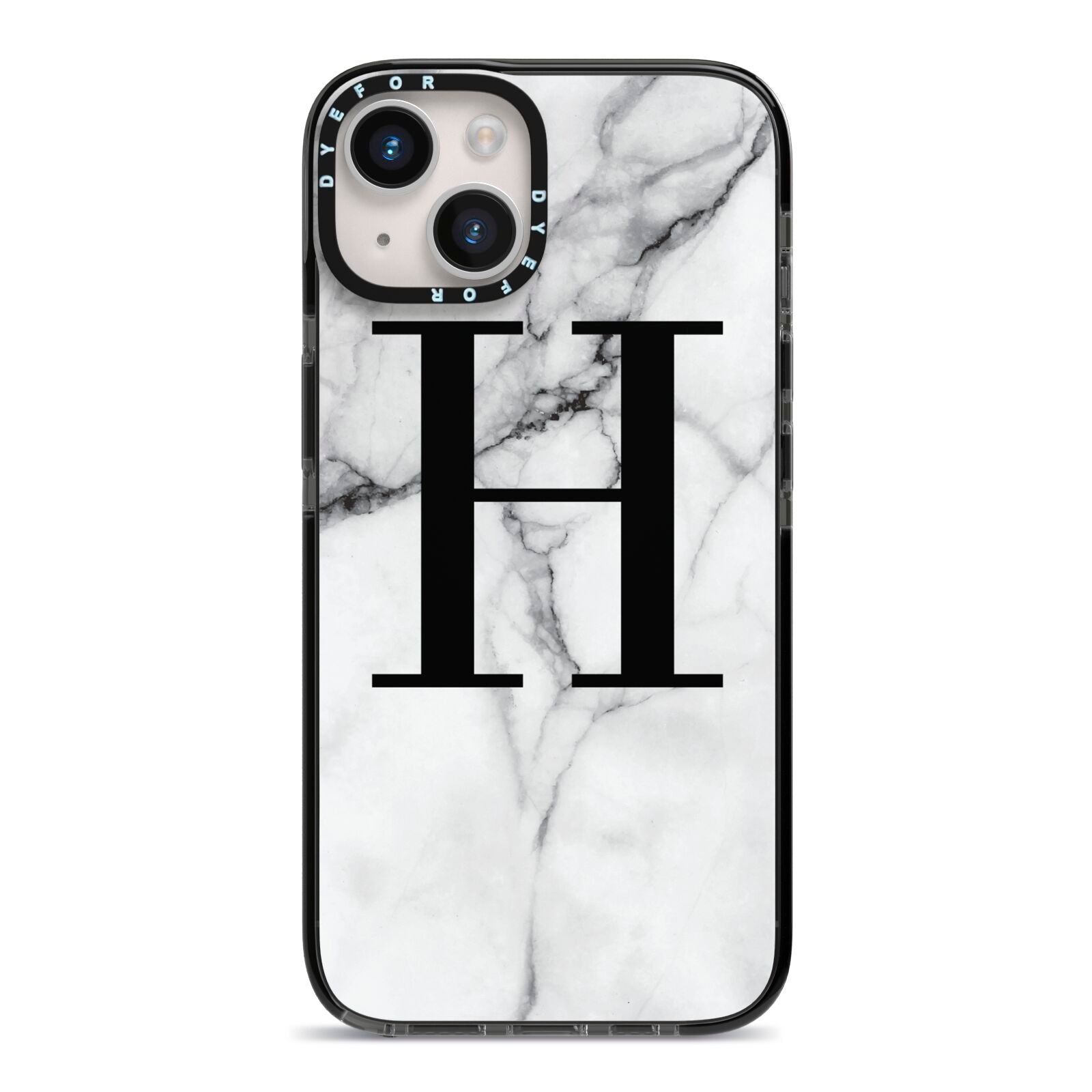 Personalised Monogram Marble Initial iPhone 14 Black Impact Case on Silver phone