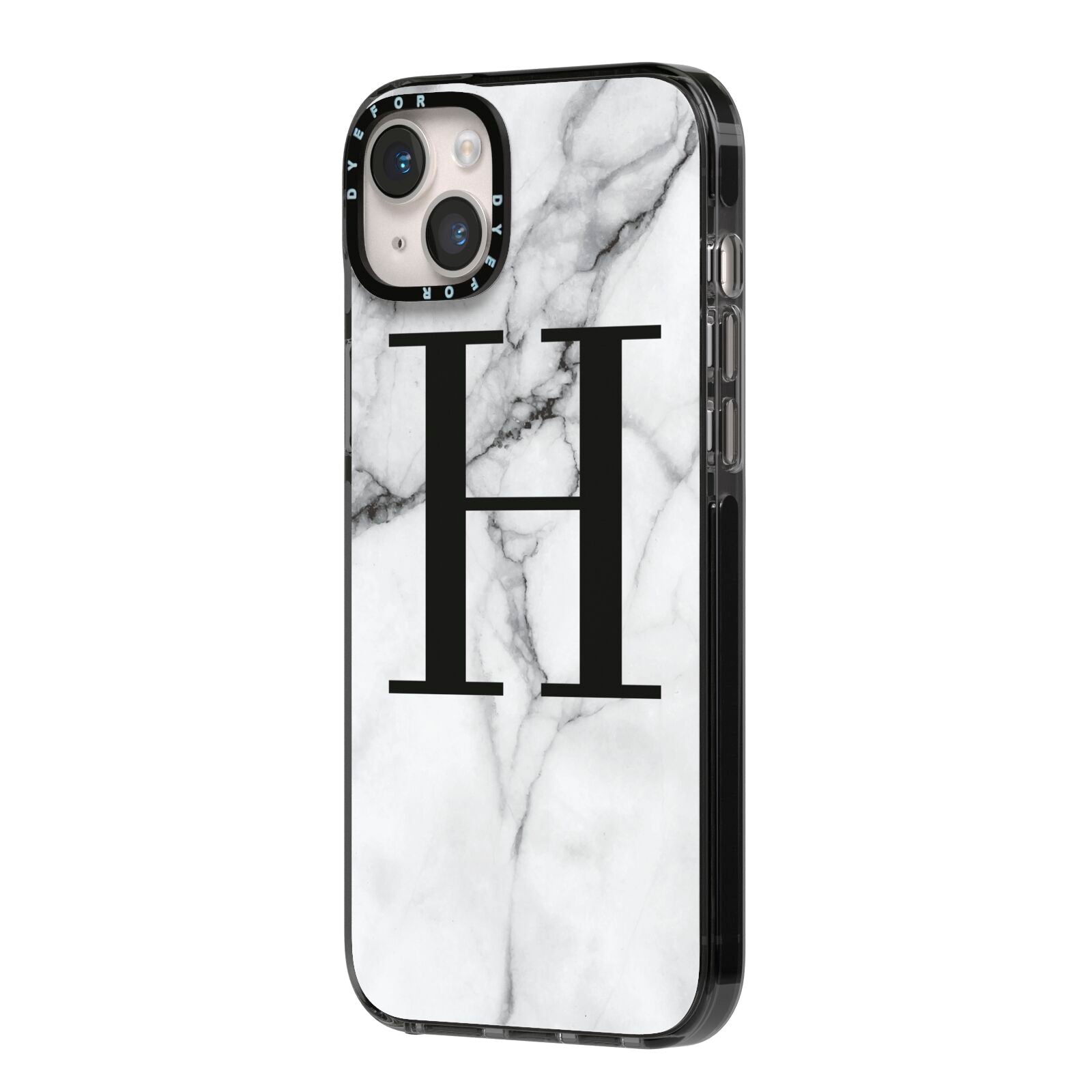 Personalised Monogram Marble Initial iPhone 14 Plus Black Impact Case Side Angle on Silver phone