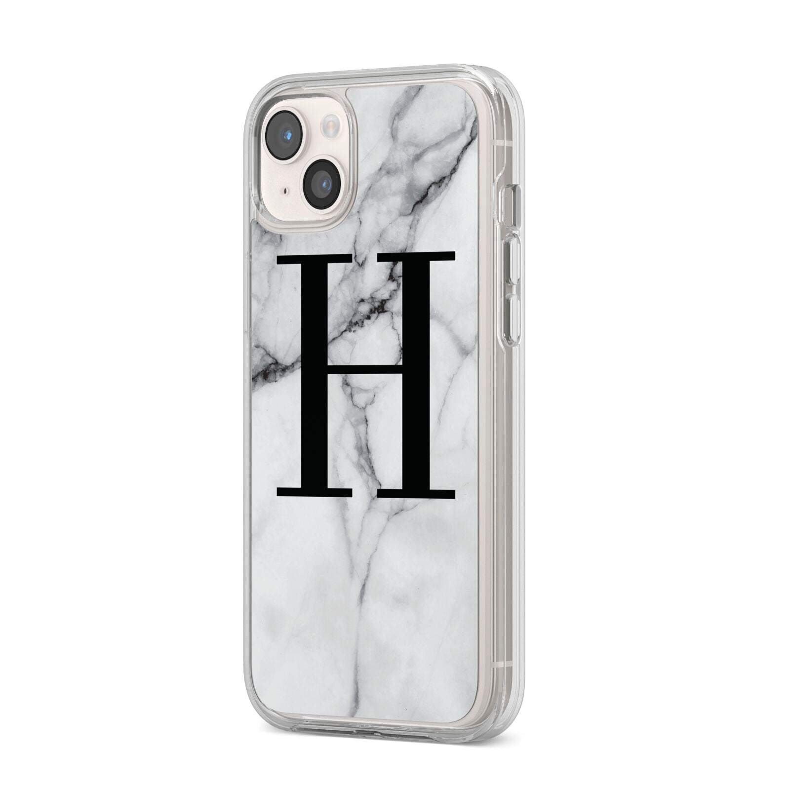 Personalised Monogram Marble Initial iPhone 14 Plus Clear Tough Case Starlight Angled Image