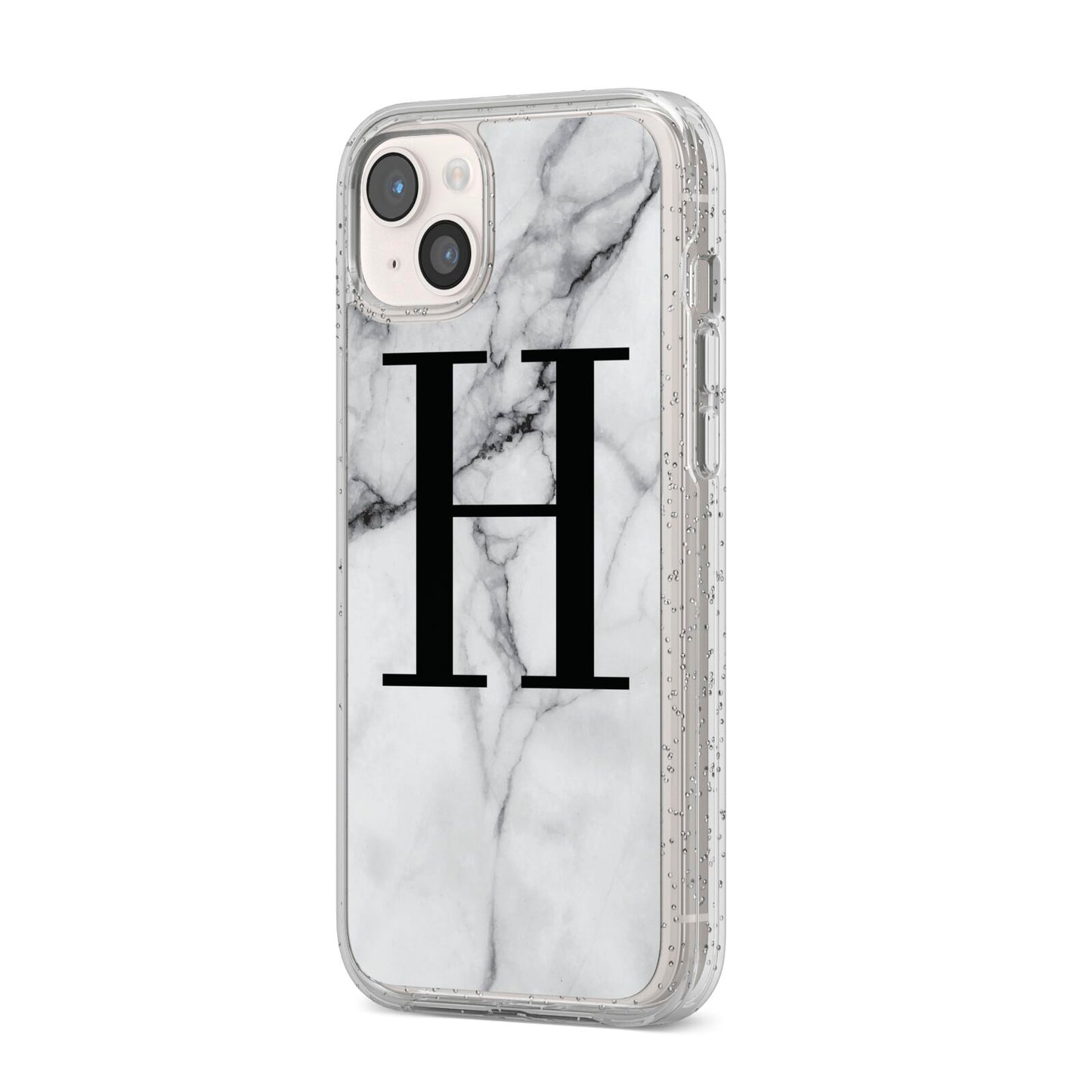 Personalised Monogram Marble Initial iPhone 14 Plus Glitter Tough Case Starlight Angled Image