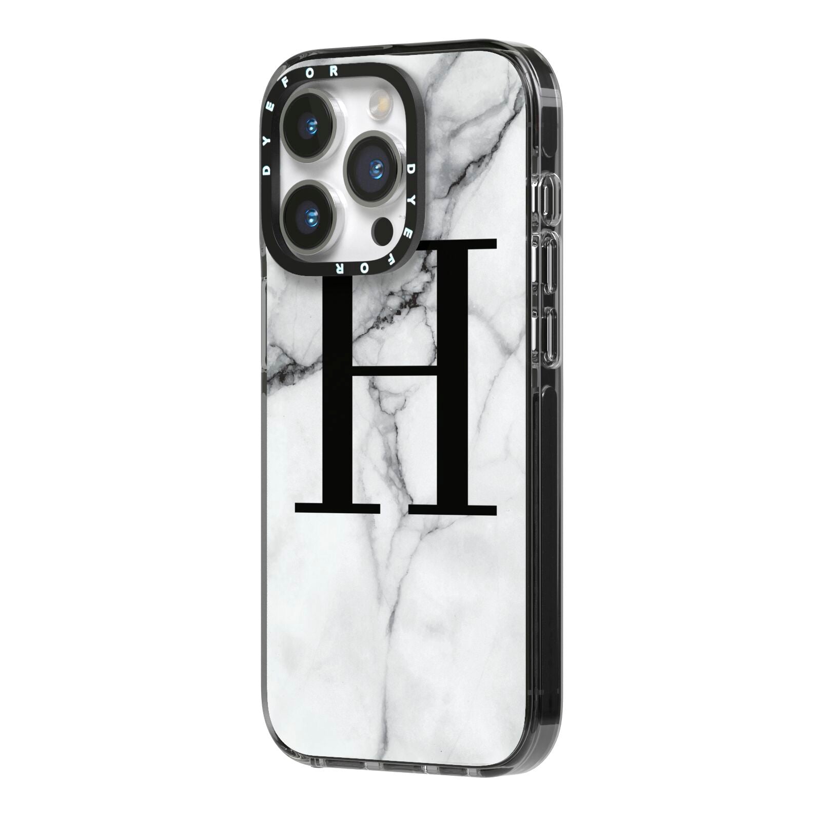 Personalised Monogram Marble Initial iPhone 14 Pro Black Impact Case Side Angle on Silver phone