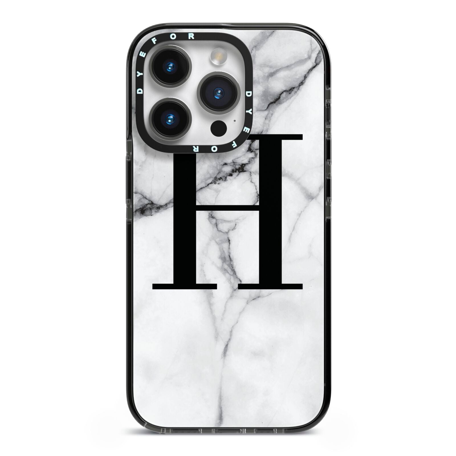 Personalised Monogram Marble Initial iPhone 14 Pro Black Impact Case on Silver phone