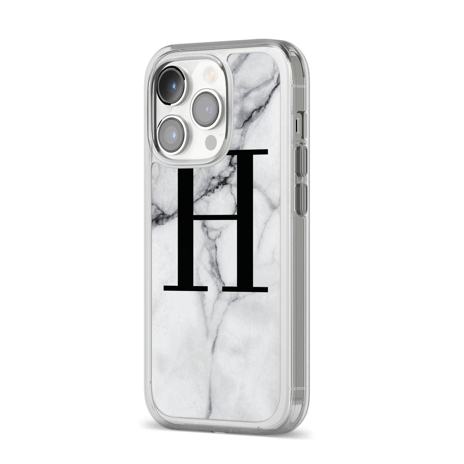 Personalised Monogram Marble Initial iPhone 14 Pro Clear Tough Case Silver Angled Image
