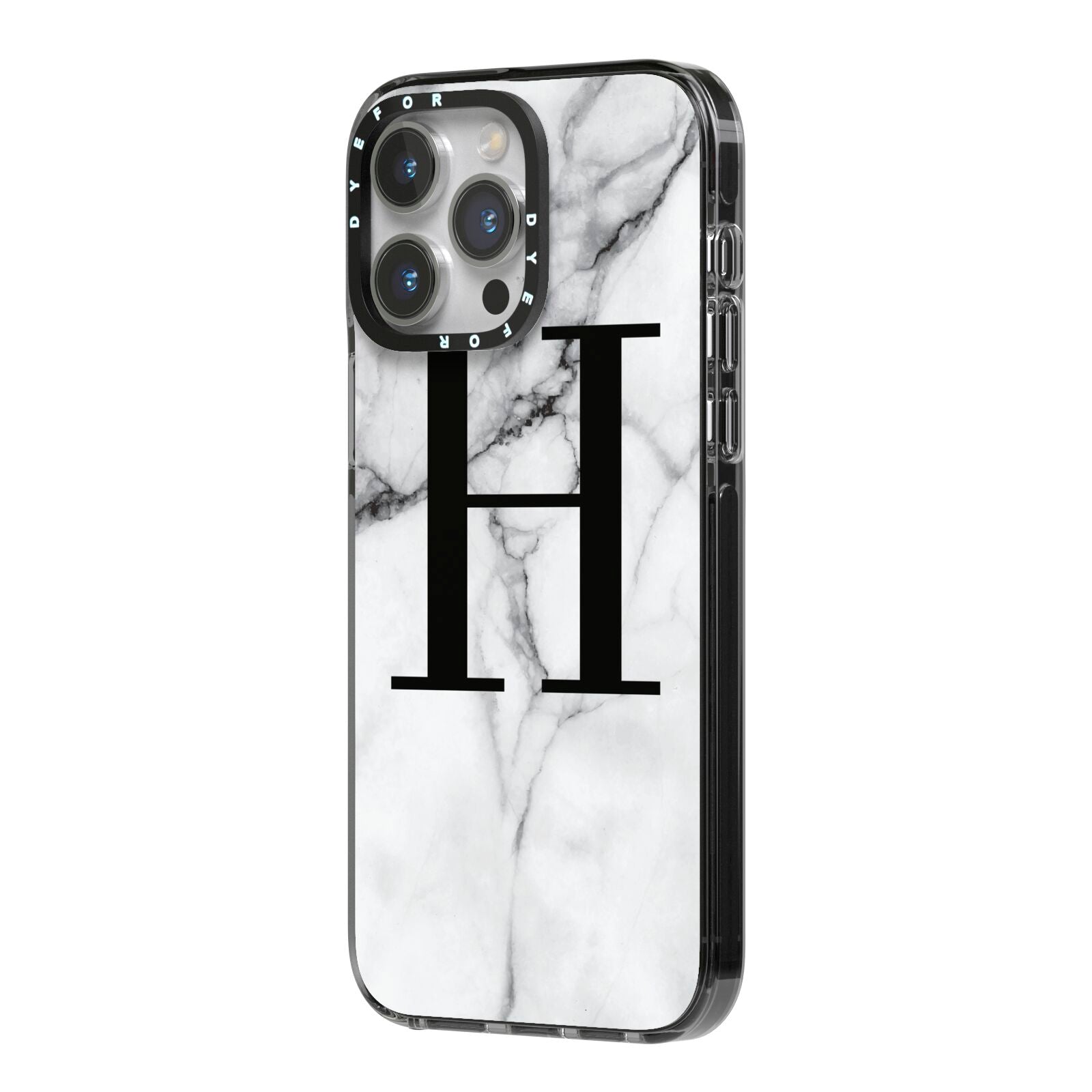 Personalised Monogram Marble Initial iPhone 14 Pro Max Black Impact Case Side Angle on Silver phone