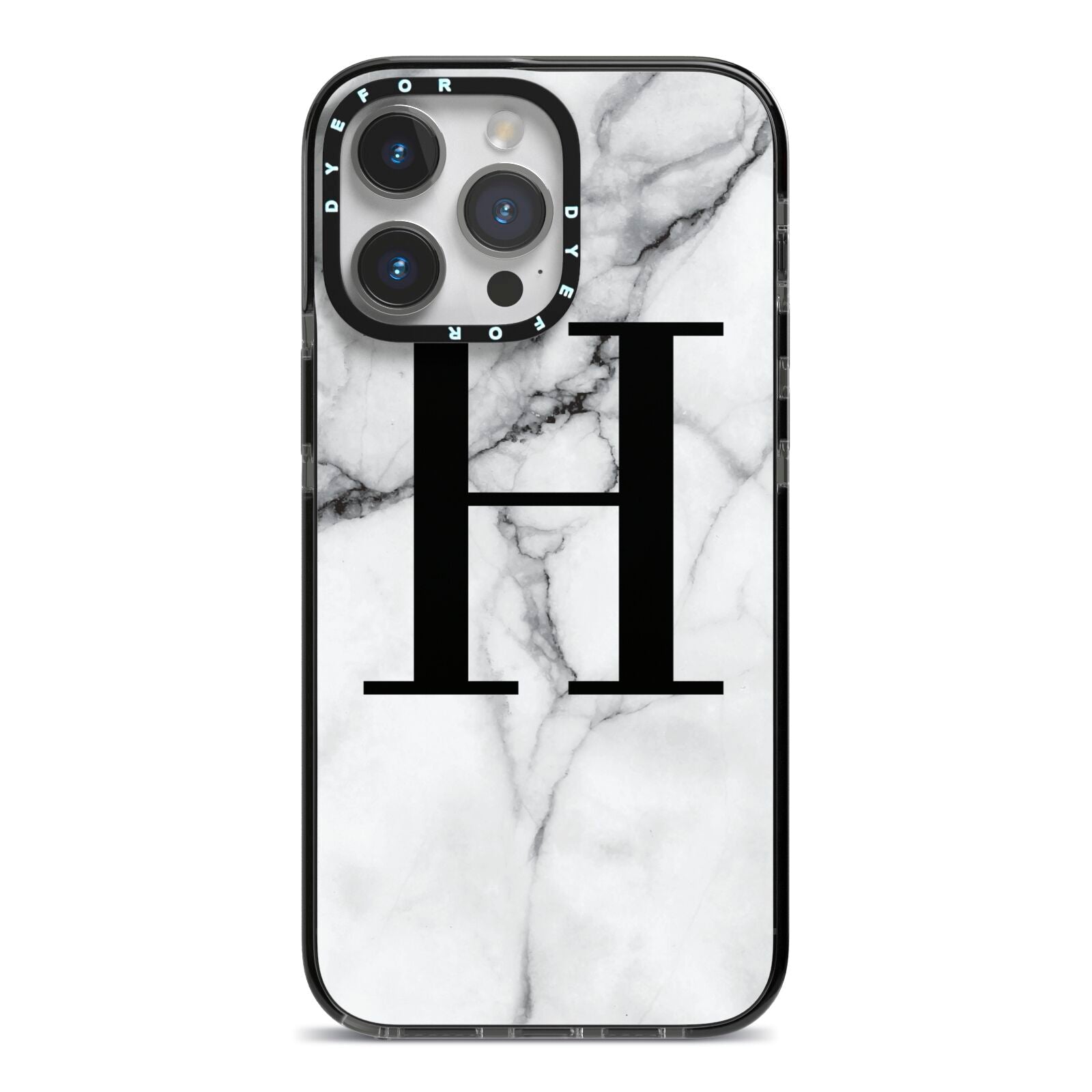 Personalised Monogram Marble Initial iPhone 14 Pro Max Black Impact Case on Silver phone