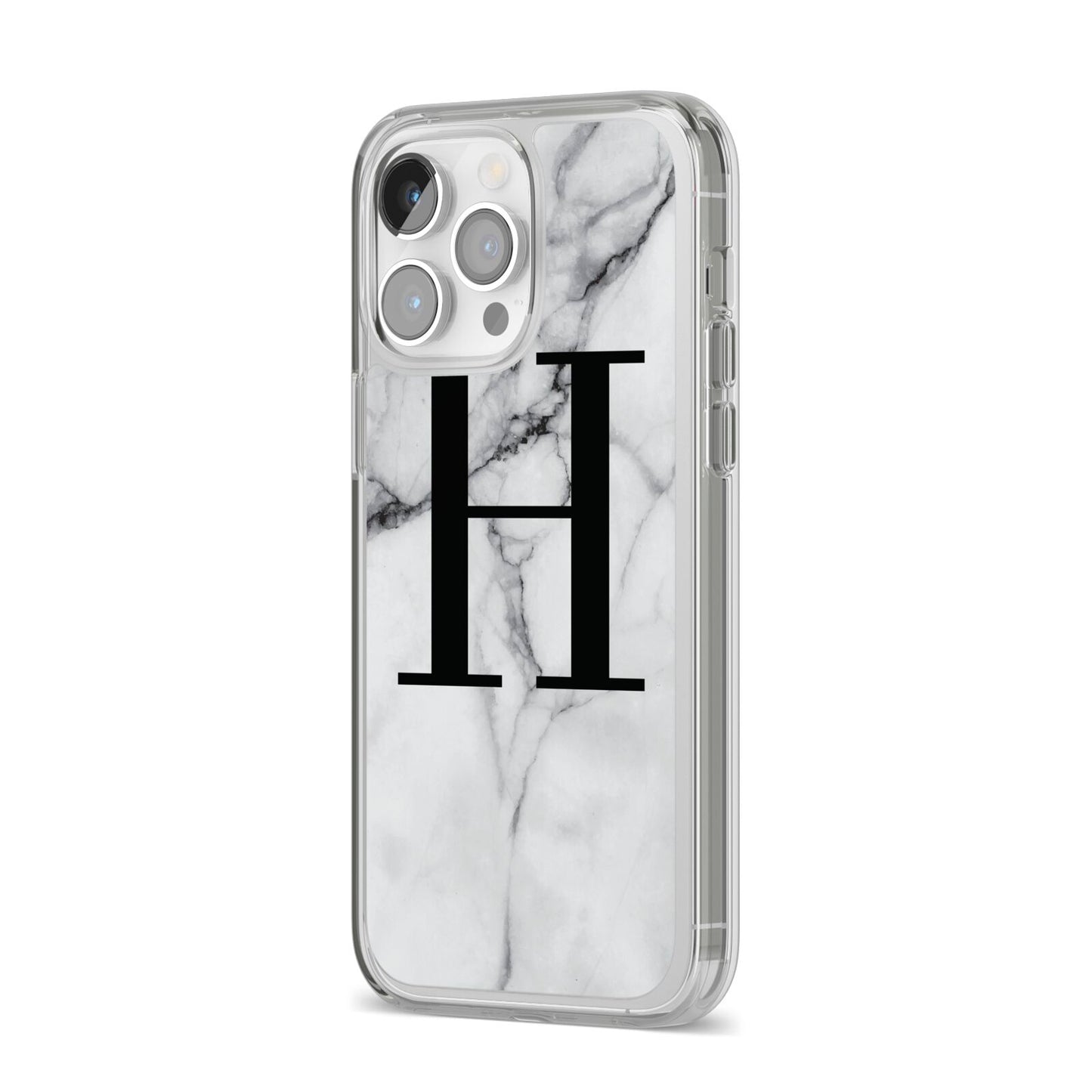 Personalised Monogram Marble Initial iPhone 14 Pro Max Clear Tough Case Silver Angled Image