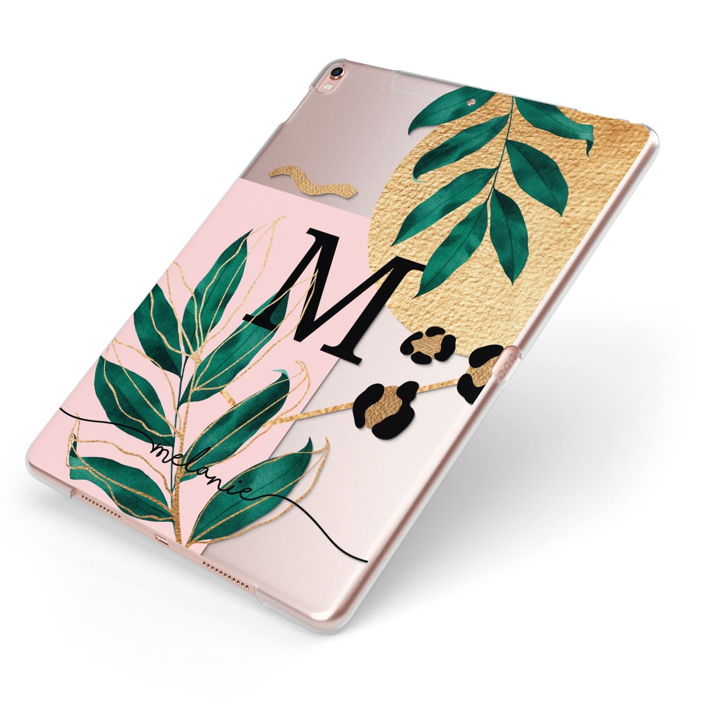 Personalised Monogram Tropical Apple iPad Case on Rose Gold iPad Side View