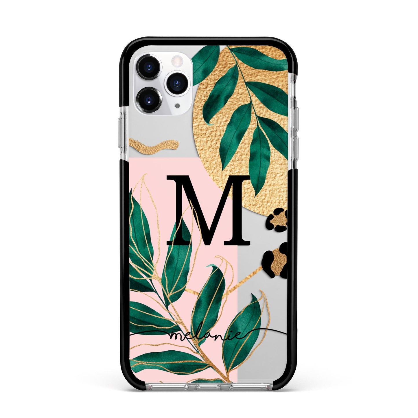 Personalised Monogram Tropical Apple iPhone 11 Pro Max in Silver with Black Impact Case