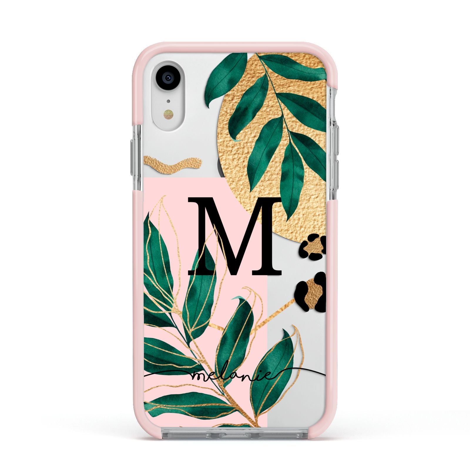 Personalised Monogram Tropical Apple iPhone XR Impact Case Pink Edge on Silver Phone