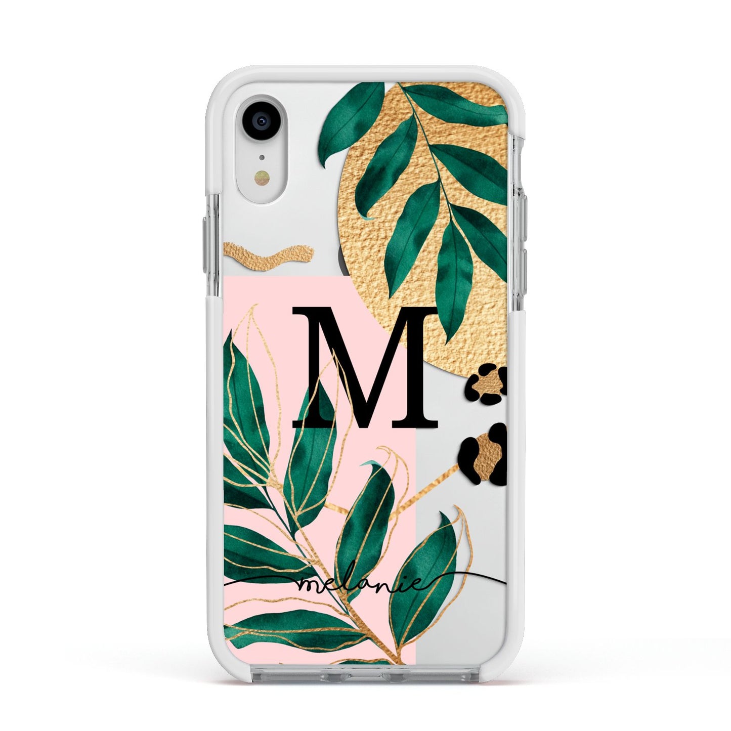 Personalised Monogram Tropical Apple iPhone XR Impact Case White Edge on Silver Phone