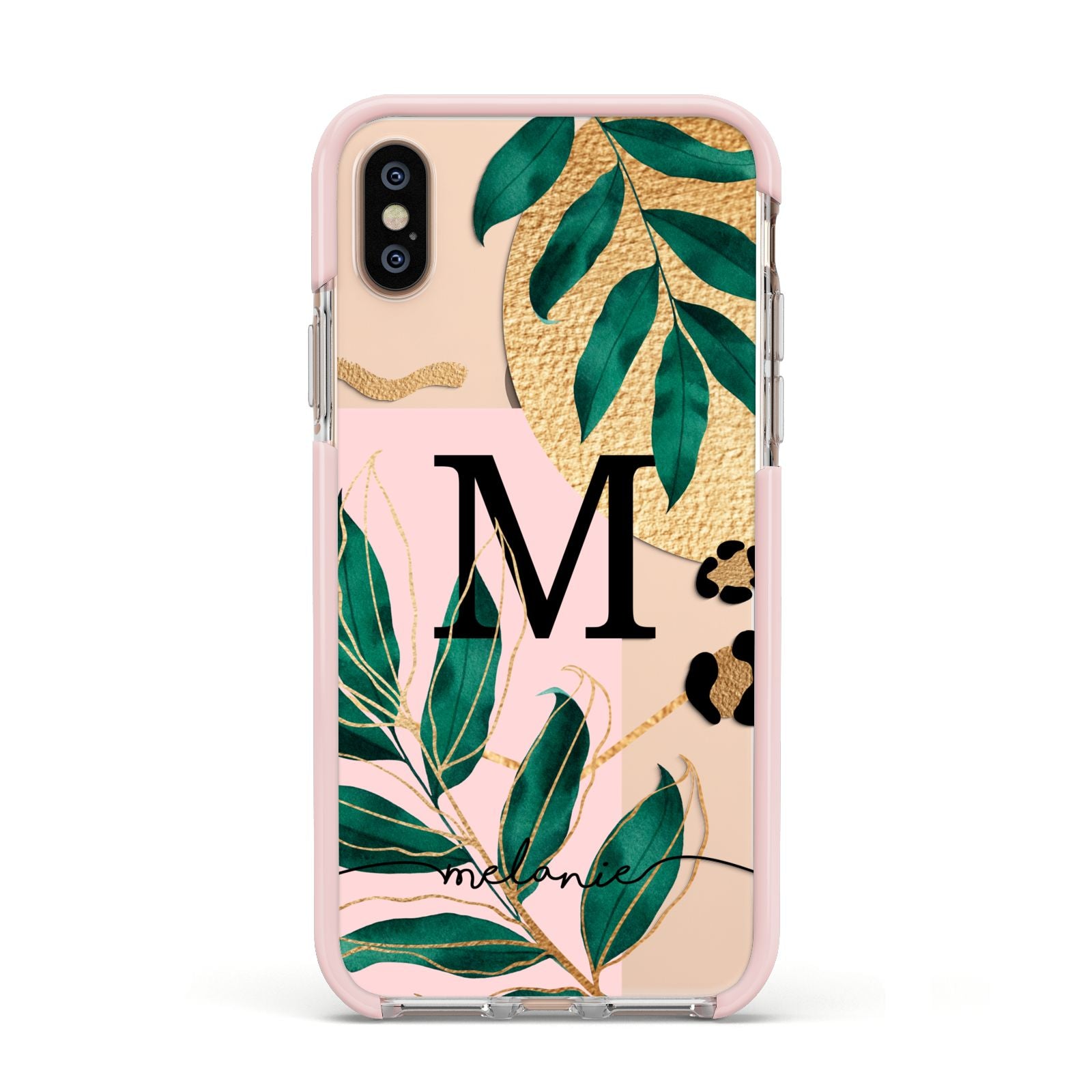 Personalised Monogram Tropical Apple iPhone Xs Impact Case Pink Edge on Gold Phone