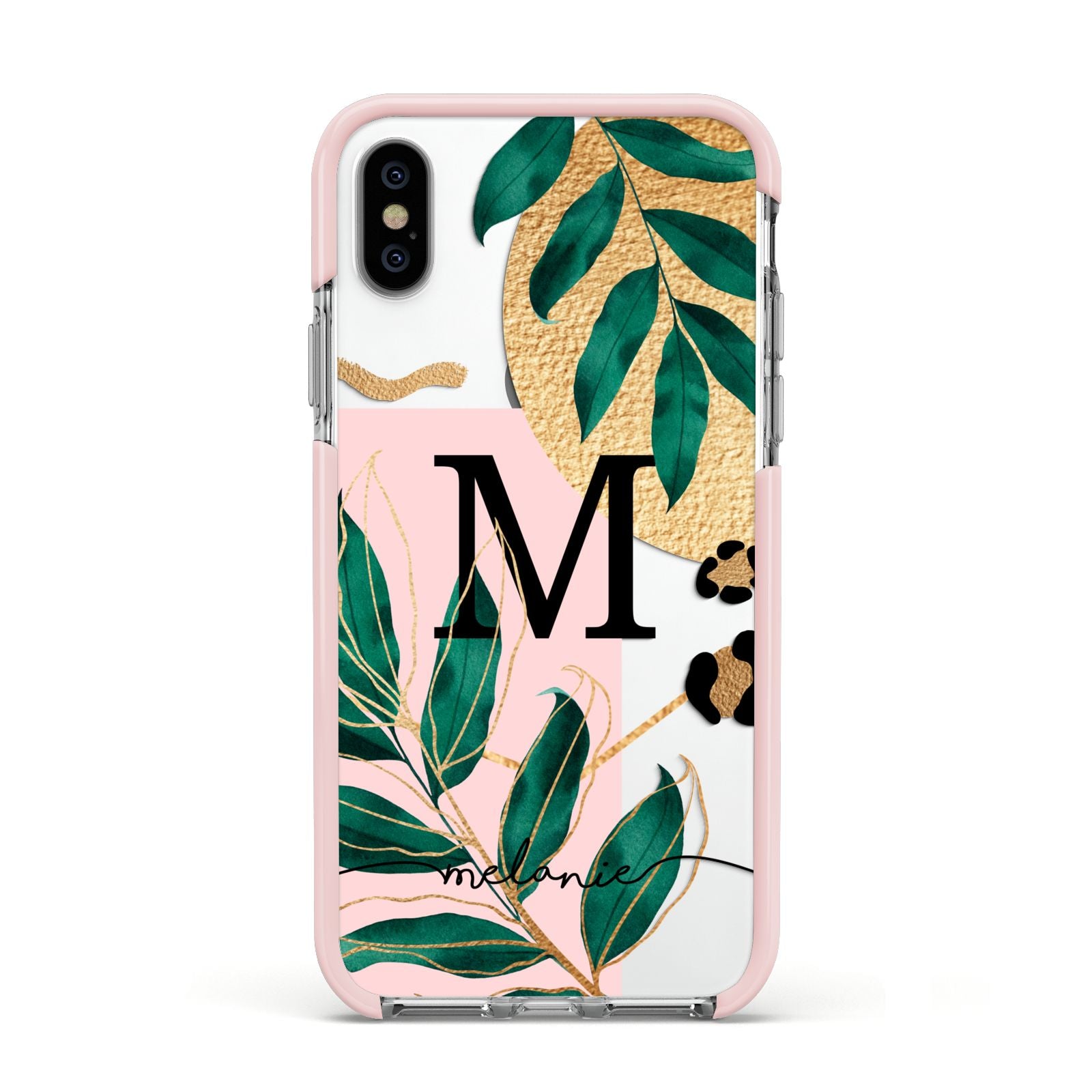Personalised Monogram Tropical Apple iPhone Xs Impact Case Pink Edge on Silver Phone