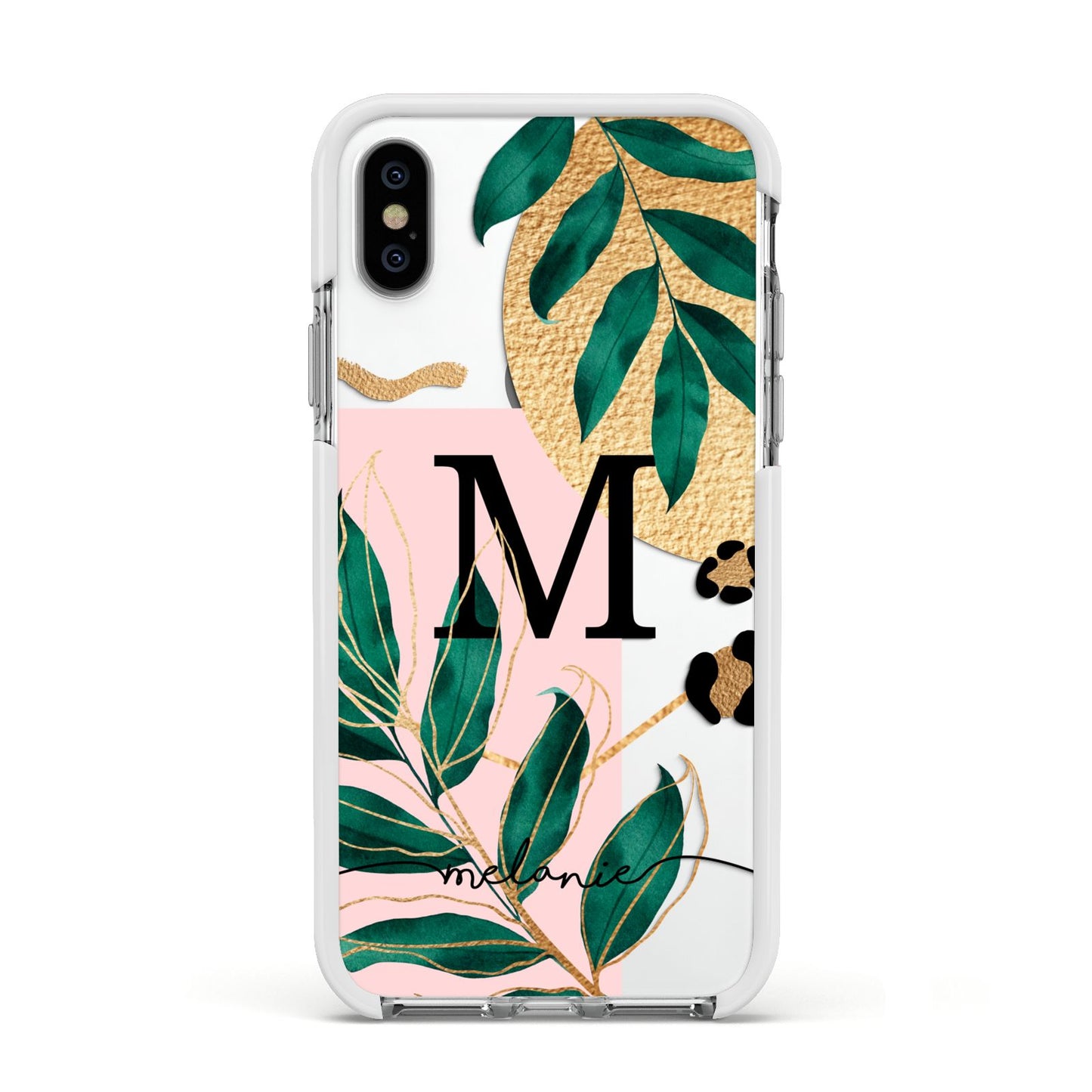 Personalised Monogram Tropical Apple iPhone Xs Impact Case White Edge on Silver Phone