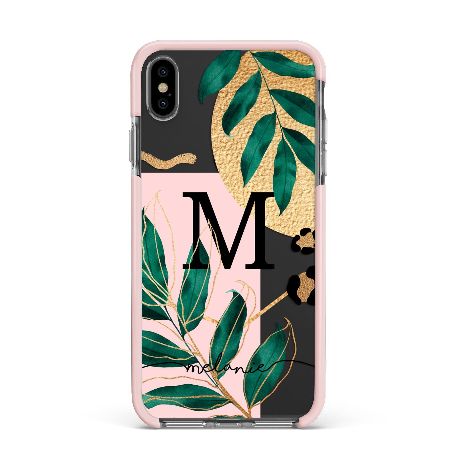 Personalised Monogram Tropical Apple iPhone Xs Max Impact Case Pink Edge on Black Phone