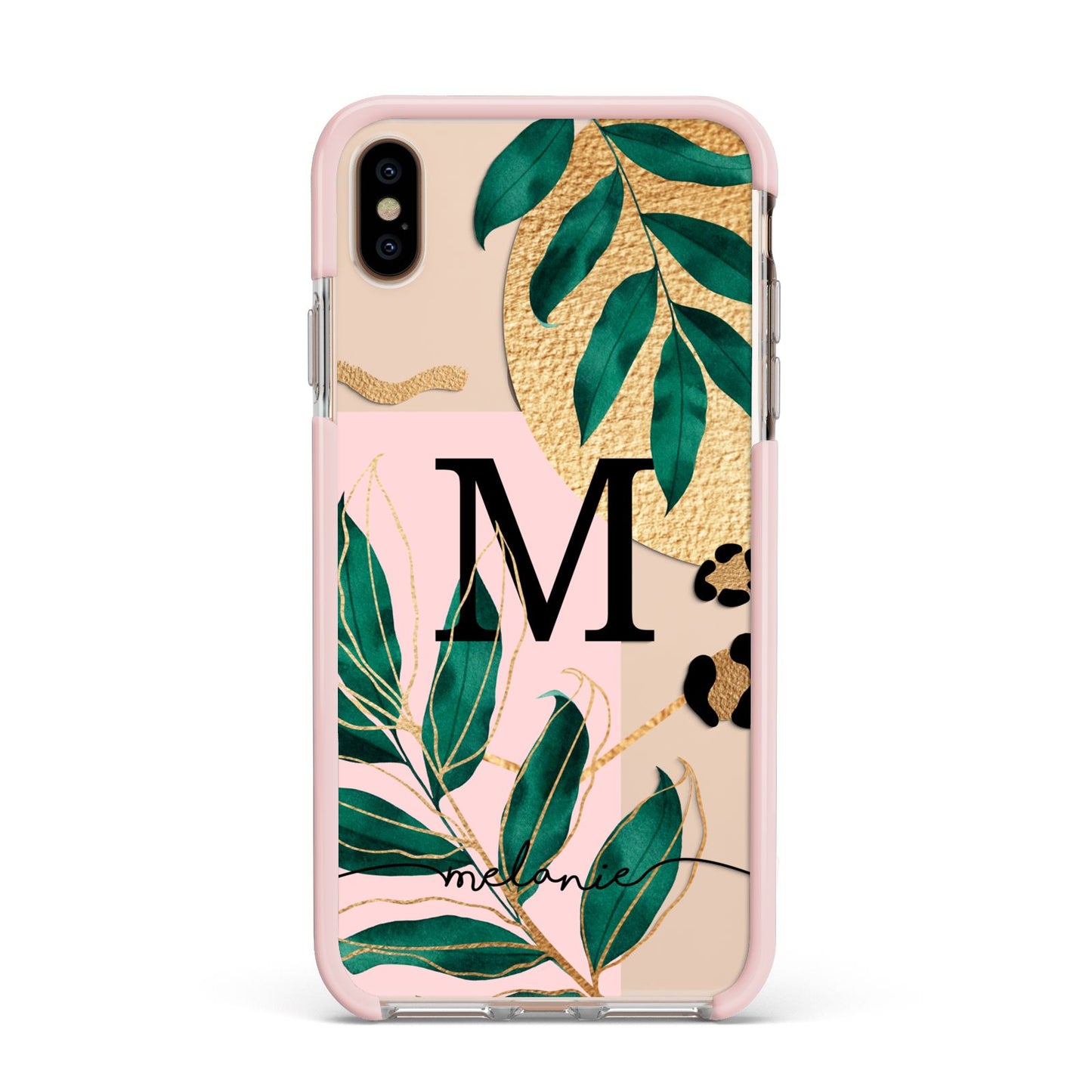 Personalised Monogram Tropical Apple iPhone Xs Max Impact Case Pink Edge on Gold Phone