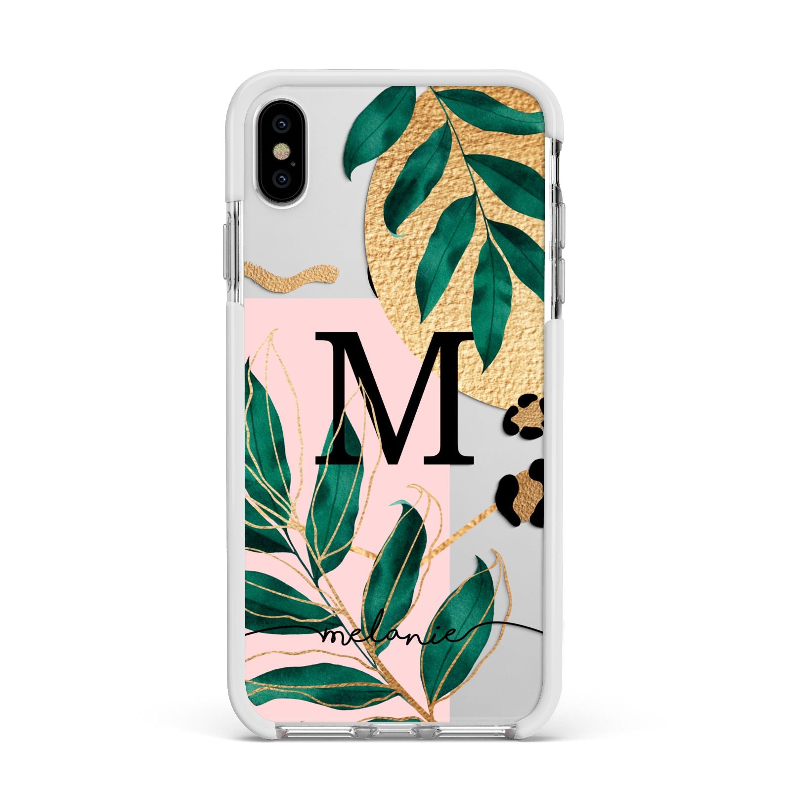 Personalised Monogram Tropical Apple iPhone Xs Max Impact Case White Edge on Silver Phone