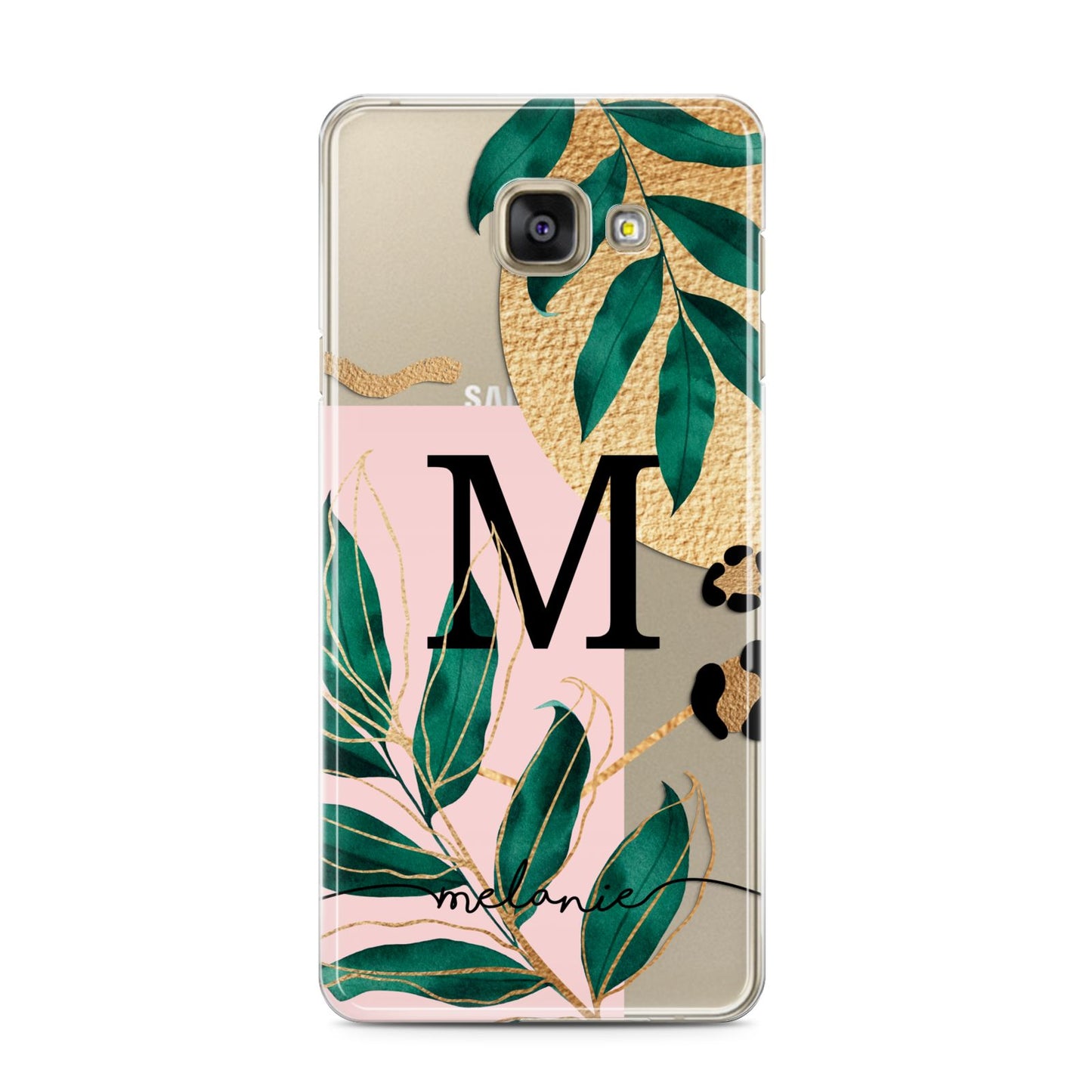Personalised Monogram Tropical Samsung Galaxy A3 2016 Case on gold phone