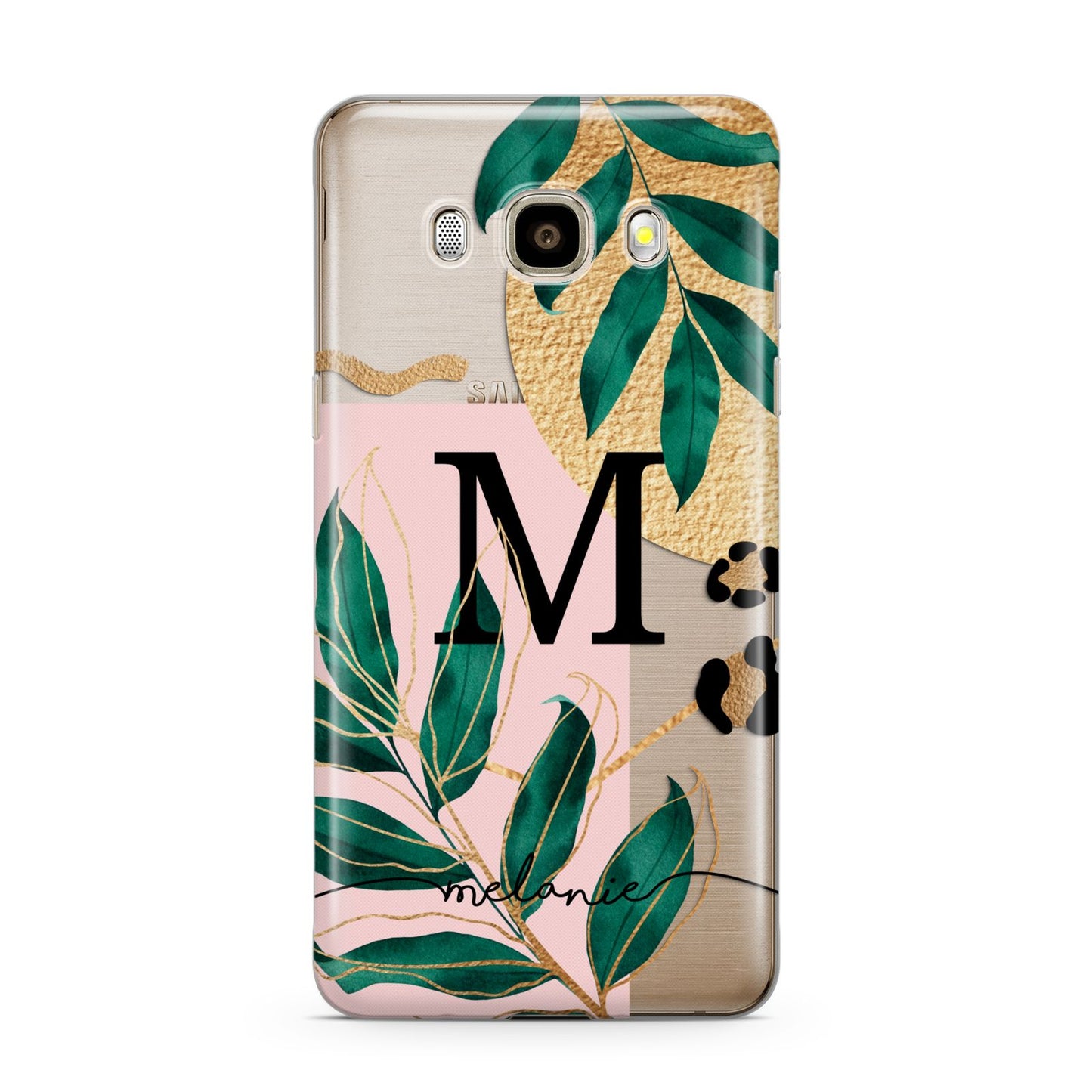 Personalised Monogram Tropical Samsung Galaxy J7 2016 Case on gold phone