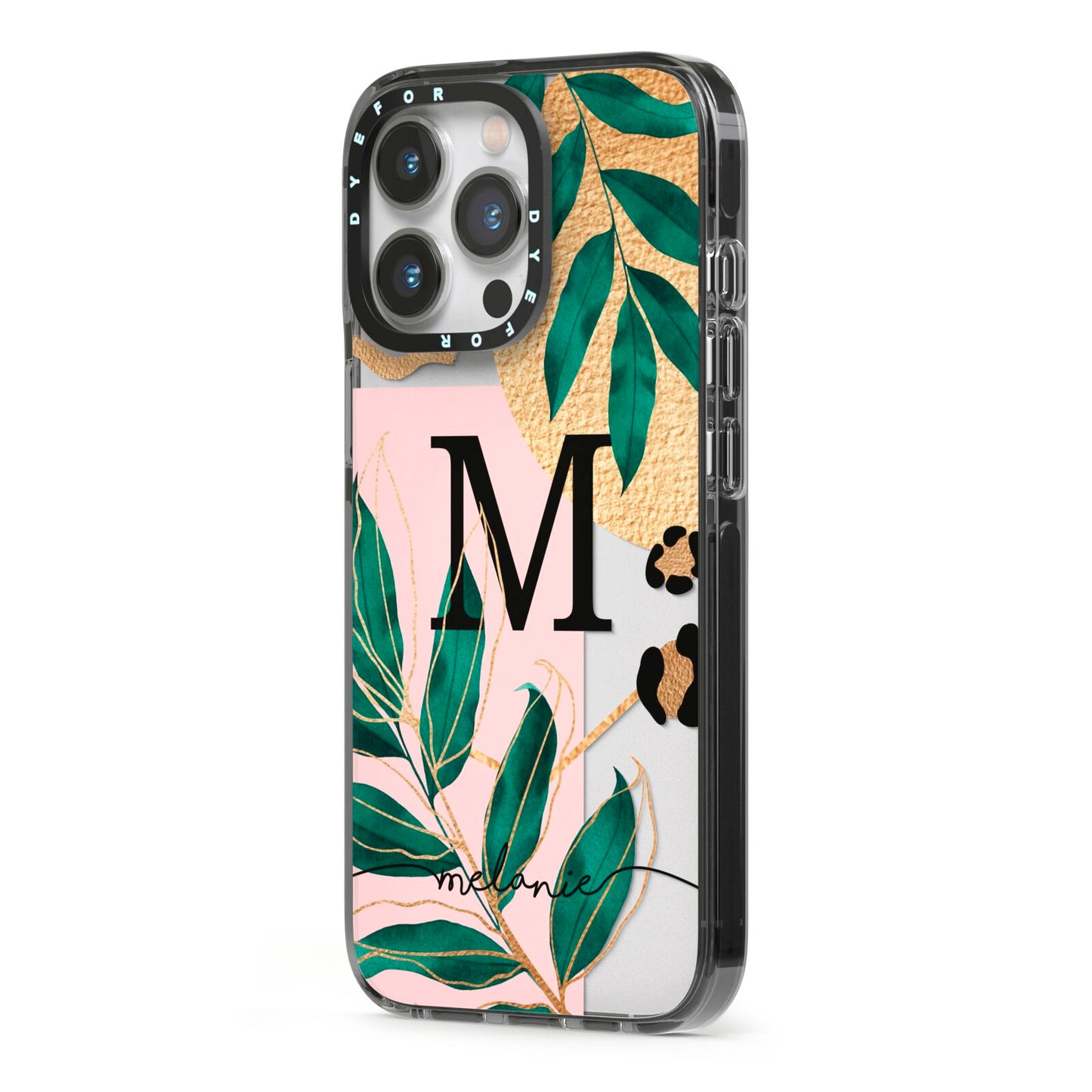 Personalised Monogram Tropical iPhone 13 Pro Black Impact Case Side Angle on Silver phone