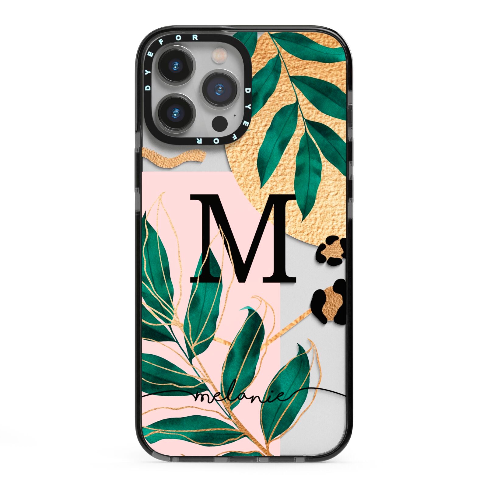 Personalised Monogram Tropical iPhone 13 Pro Max Black Impact Case on Silver phone