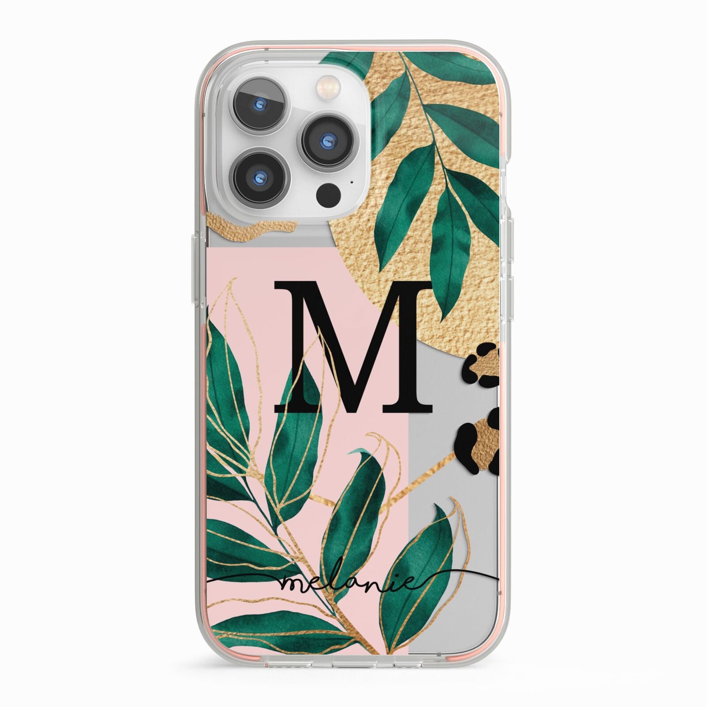 Personalised Monogram Tropical iPhone 13 Pro TPU Impact Case with Pink Edges