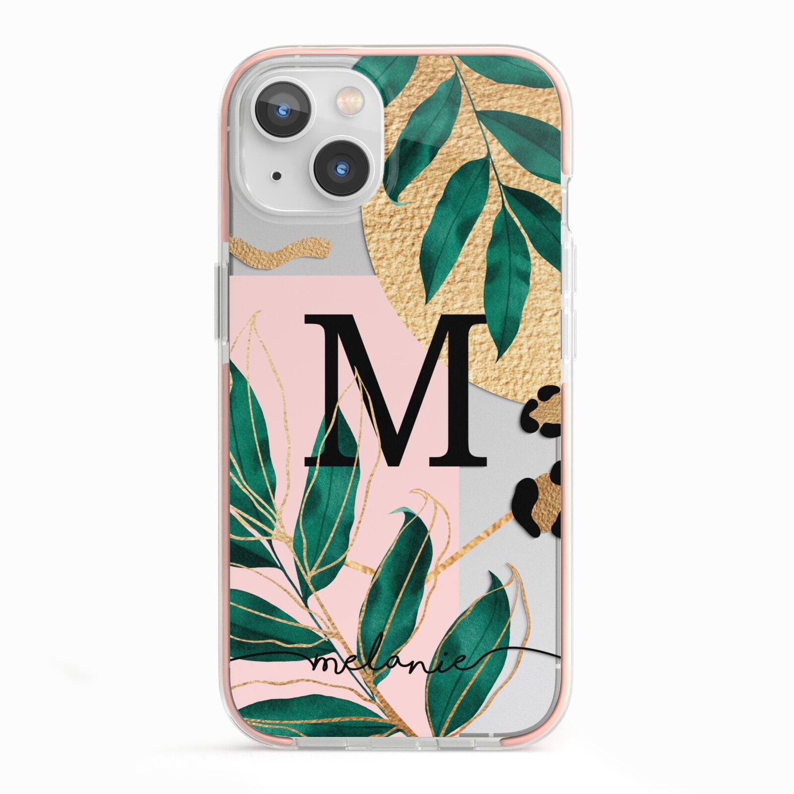 Personalised Monogram Tropical iPhone 13 TPU Impact Case with Pink Edges