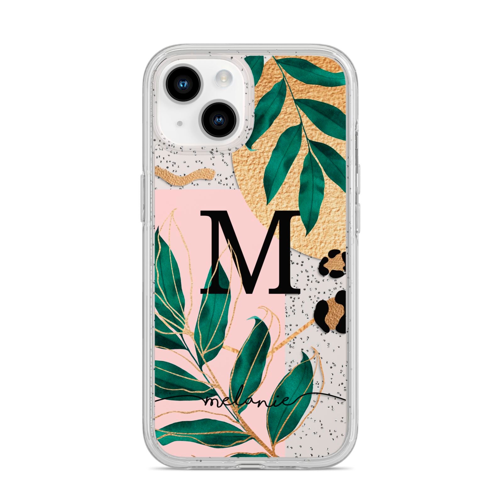 Personalised Monogram Tropical iPhone 14 Glitter Tough Case Starlight