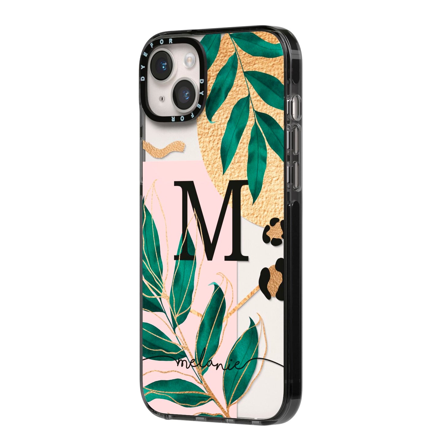 Personalised Monogram Tropical iPhone 14 Plus Black Impact Case Side Angle on Silver phone