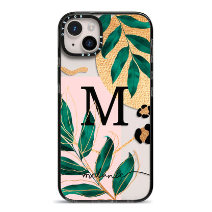 Personalised Monogram Tropical iPhone 14 Plus Black Impact Case on Silver phone