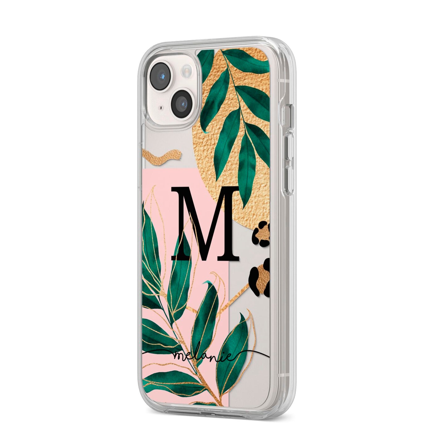 Personalised Monogram Tropical iPhone 14 Plus Clear Tough Case Starlight Angled Image