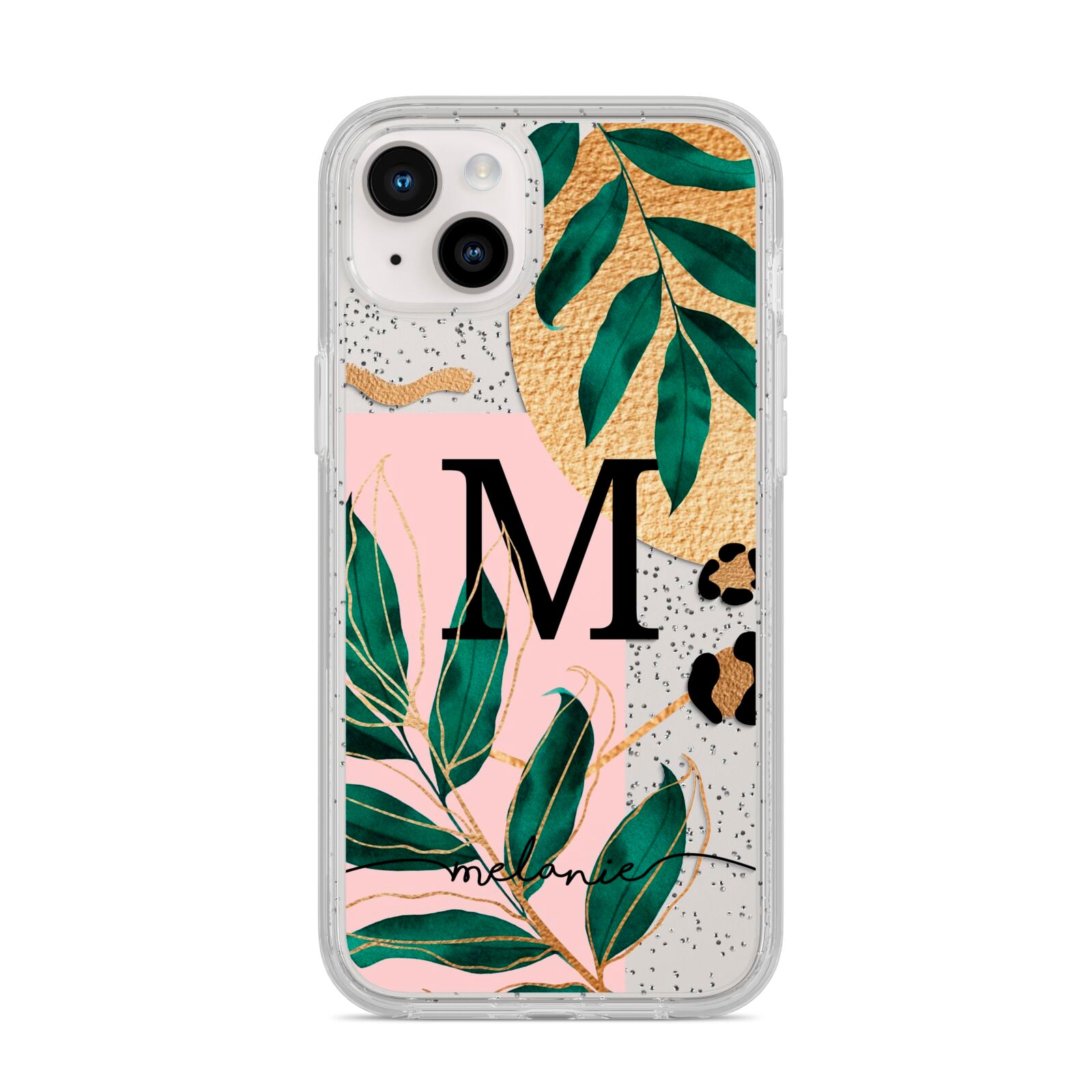 Personalised Monogram Tropical iPhone 14 Plus Glitter Tough Case Starlight