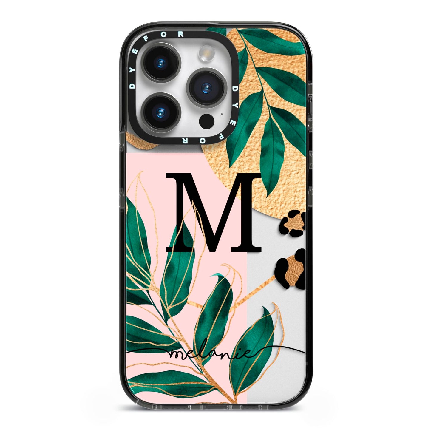 Personalised Monogram Tropical iPhone 14 Pro Black Impact Case on Silver phone