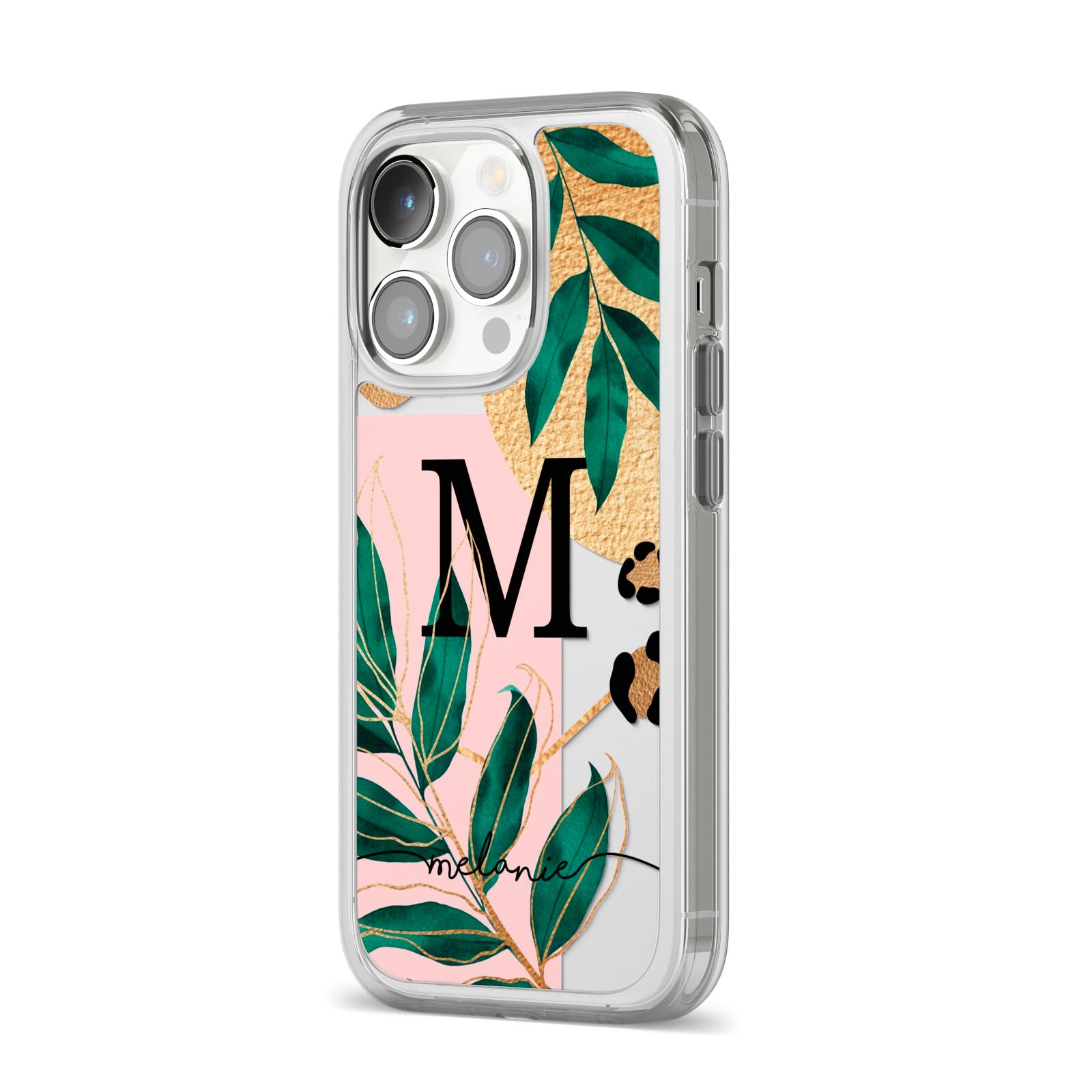 Personalised Monogram Tropical iPhone 14 Pro Clear Tough Case Silver Angled Image