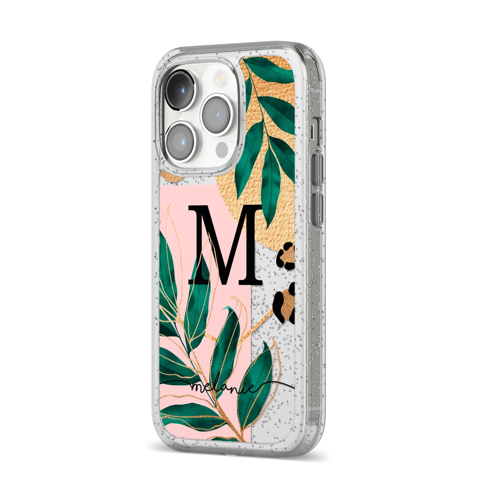 Personalised Monogram Tropical iPhone 14 Pro Glitter Tough Case Silver Angled Image