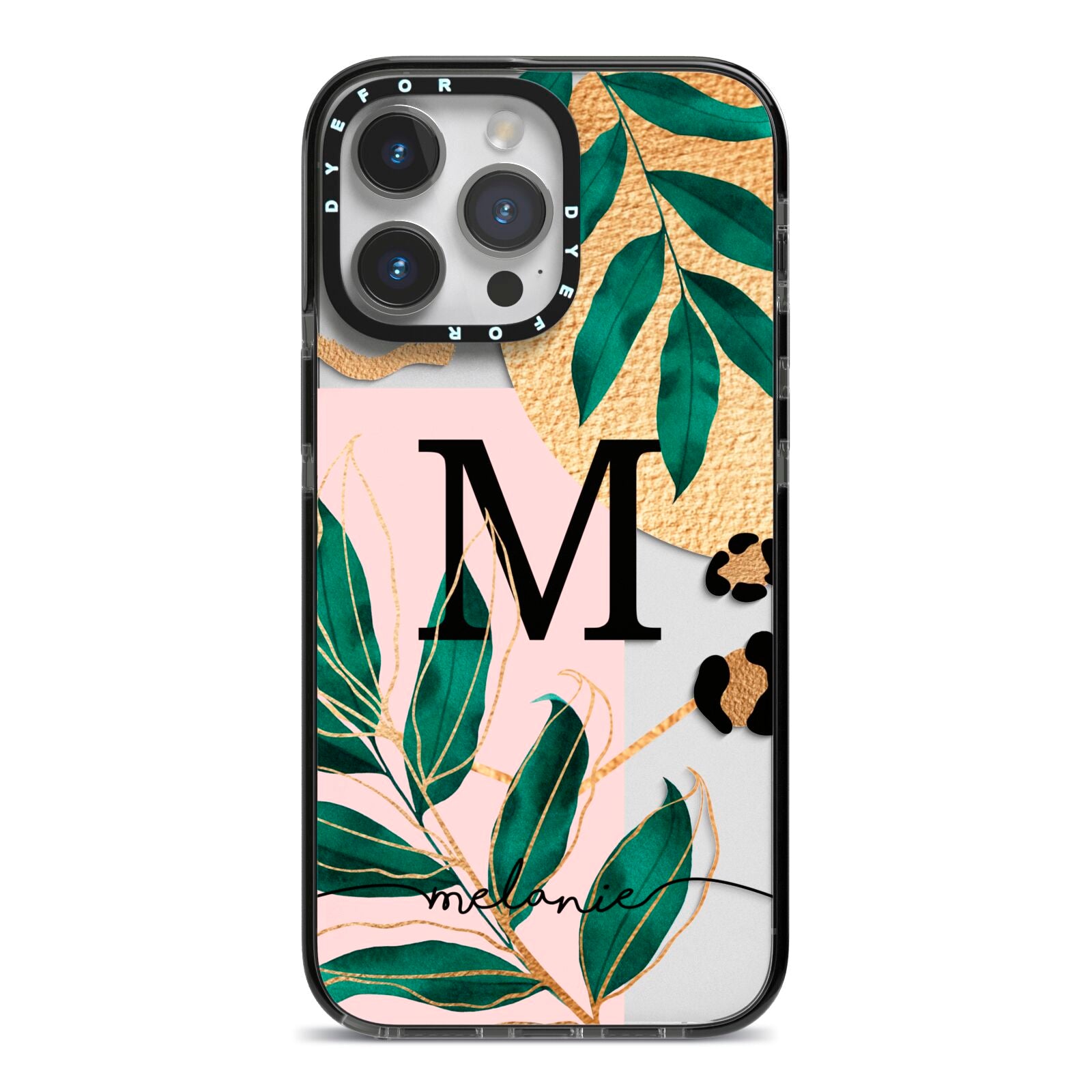 Personalised Monogram Tropical iPhone 14 Pro Max Black Impact Case on Silver phone