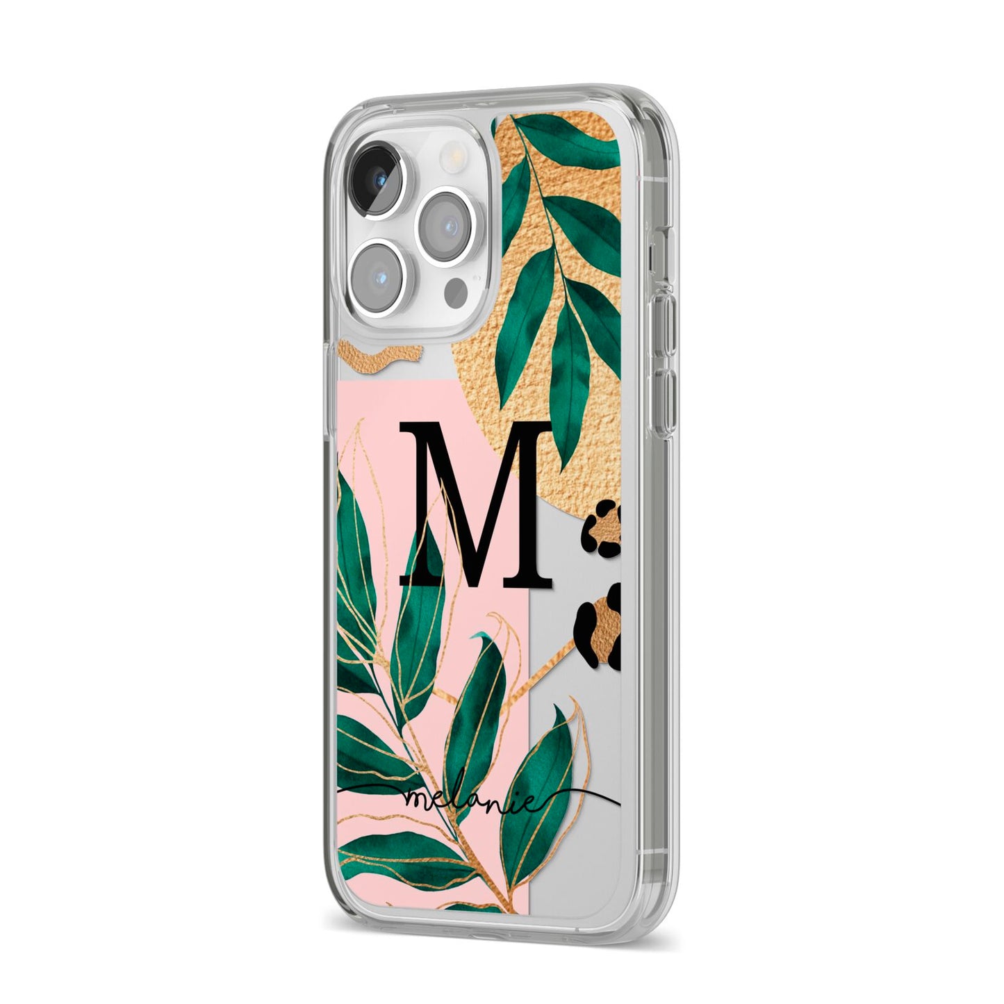 Personalised Monogram Tropical iPhone 14 Pro Max Clear Tough Case Silver Angled Image