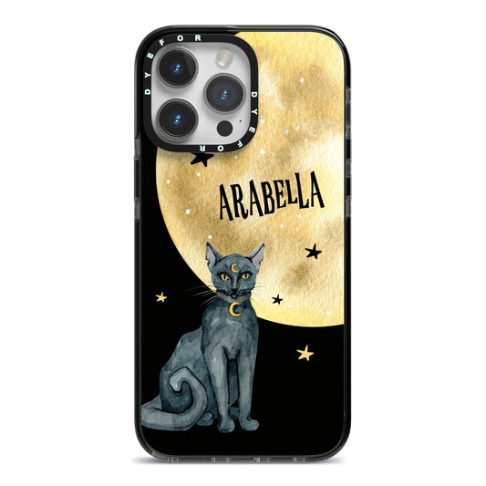 Personalised Moon Cat Halloween iPhone 14 Pro Max Black Impact Case on Silver phone