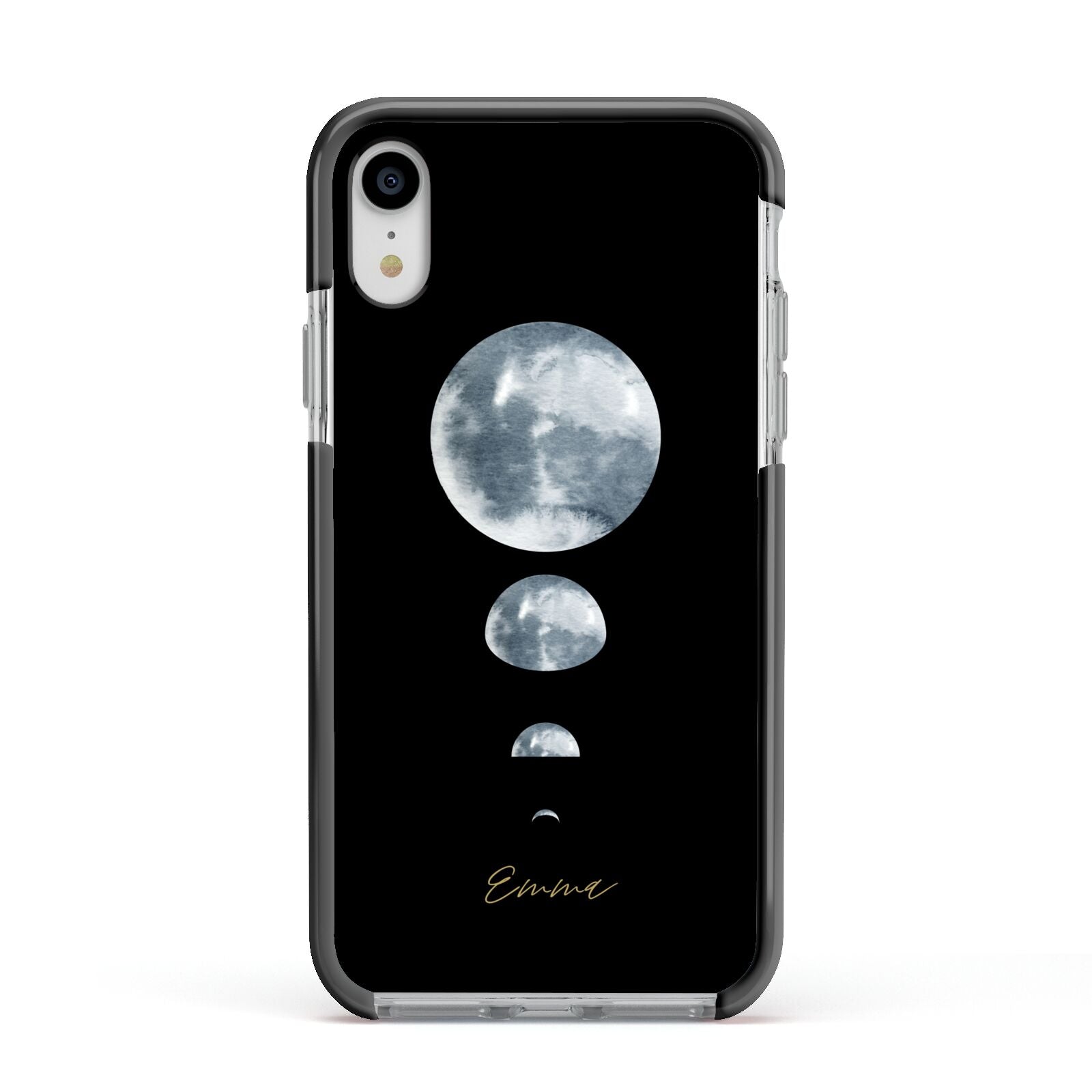 Personalised Moon Phases Apple iPhone XR Impact Case Black Edge on Silver Phone