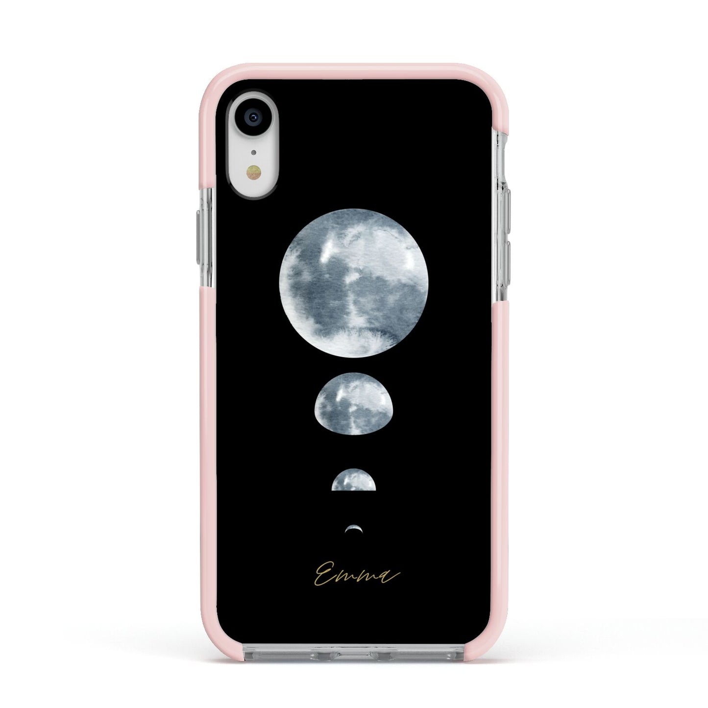 Personalised Moon Phases Apple iPhone XR Impact Case Pink Edge on Silver Phone