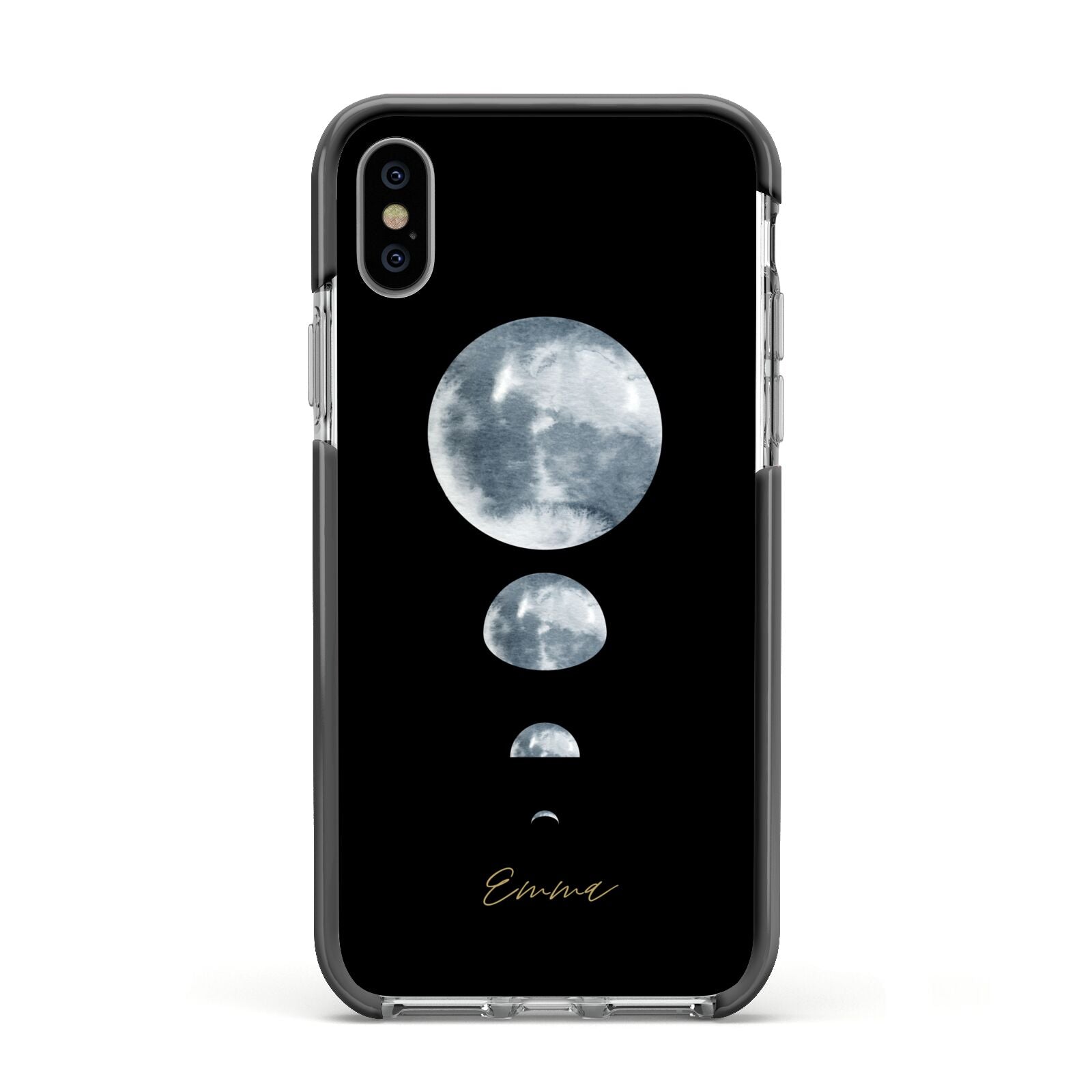 Personalised Moon Phases Apple iPhone Xs Impact Case Black Edge on Silver Phone